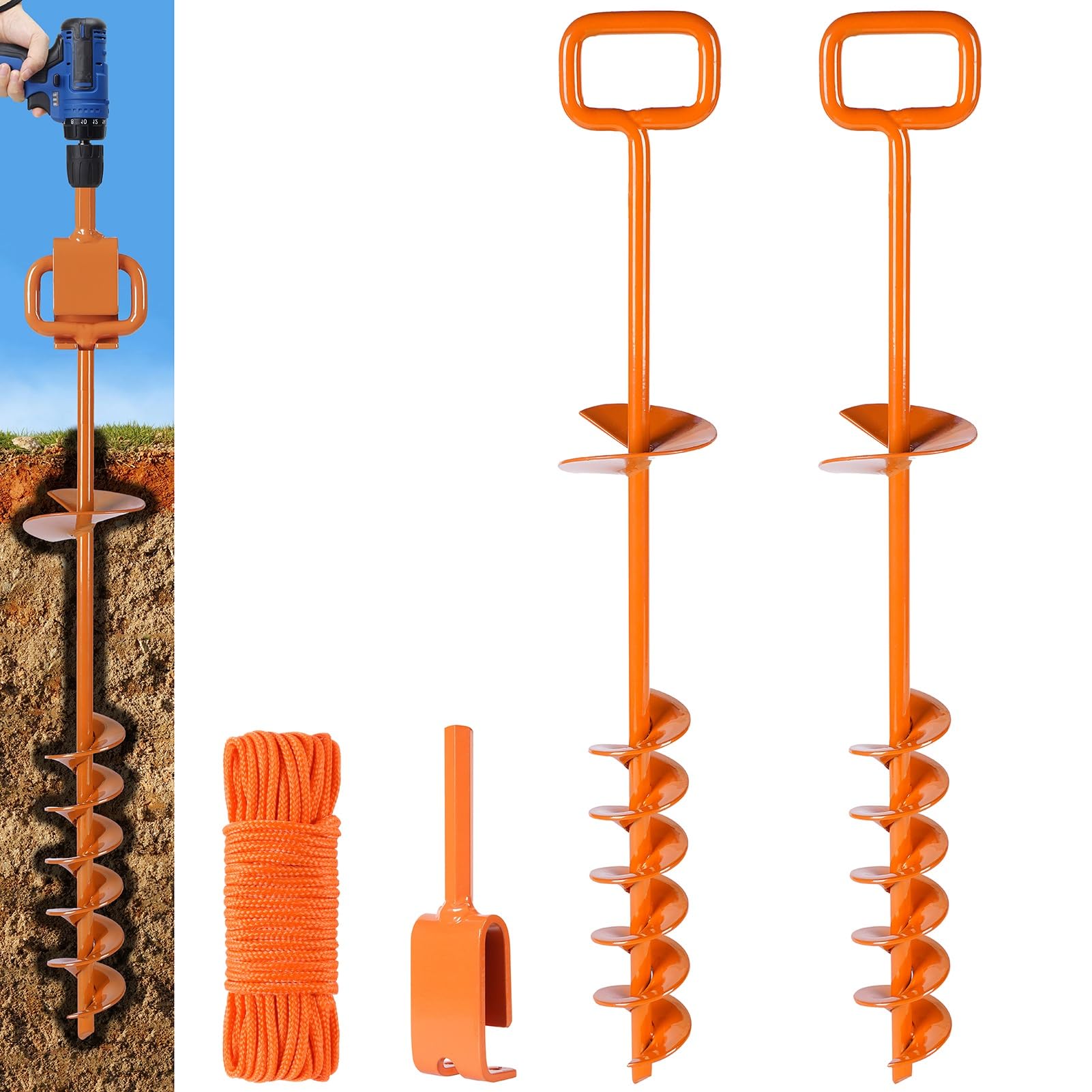 2024 Heavy Duty Screw-In Tent Stakes with Adapter - 20in Orange Ground Anchors for Camping, Trampolines & Mobile Homes (2PCS) - Perfect for Outdoor Adventures, Windy Conditions & Secure Shelter Setup