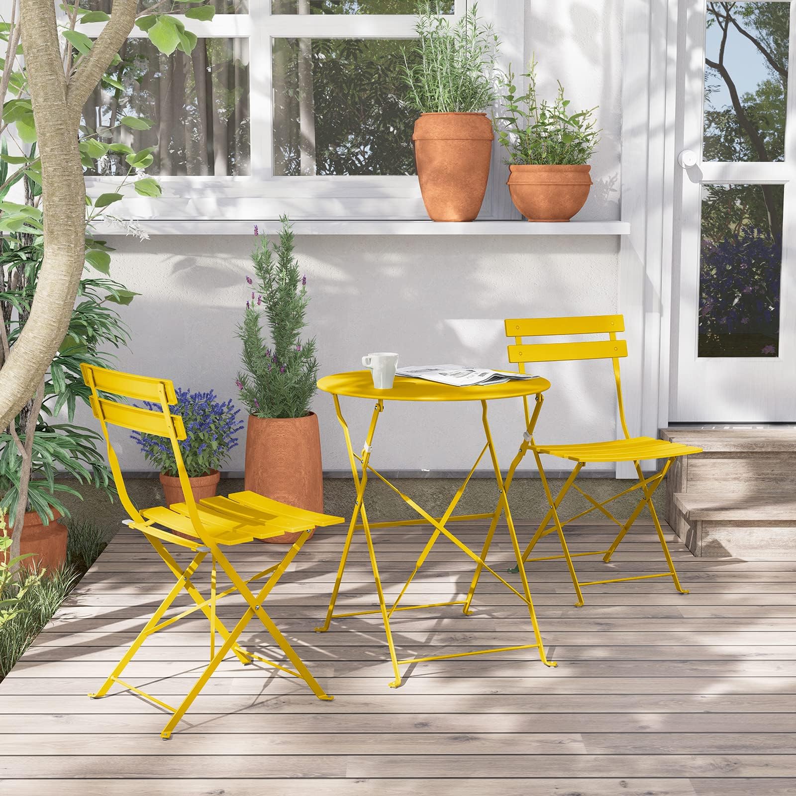 Premium 3-Piece Folding Bistro Set - Steel Frame Outdoor Patio Furniture for Balcony, Garden & Small Spaces - Portable Yellow Cafe Dining Set for Restaurants, Home Decoration & Relaxing Outdoors