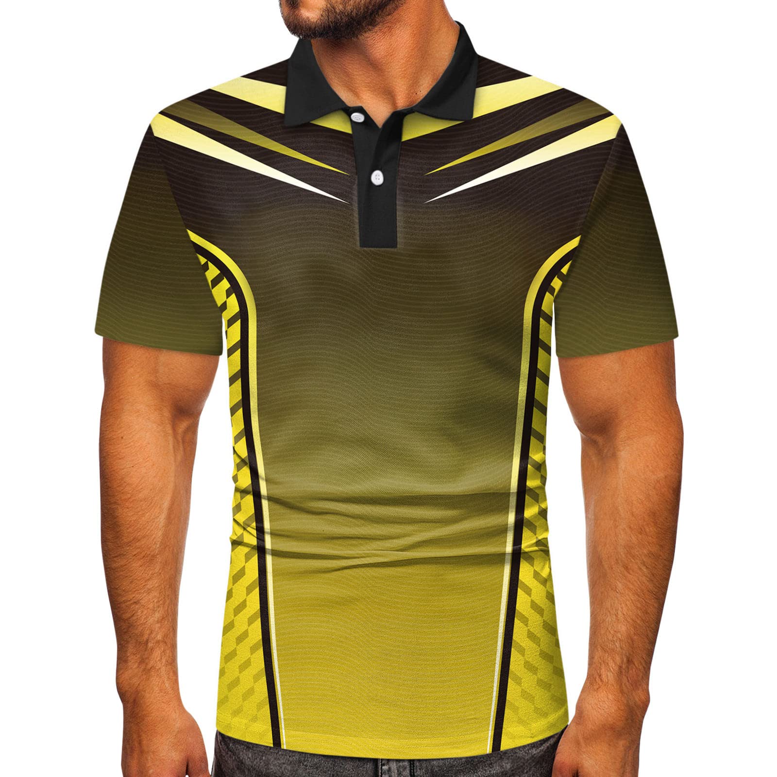 YOUNGC Big & Tall Men's Casual Summer Short Sleeve T-Shirt - Printed Turn Down Neck Tee Top in Rayon (Yellow) - Perfect for Outdoor Activities, Beach Wear & Everyday Comfort