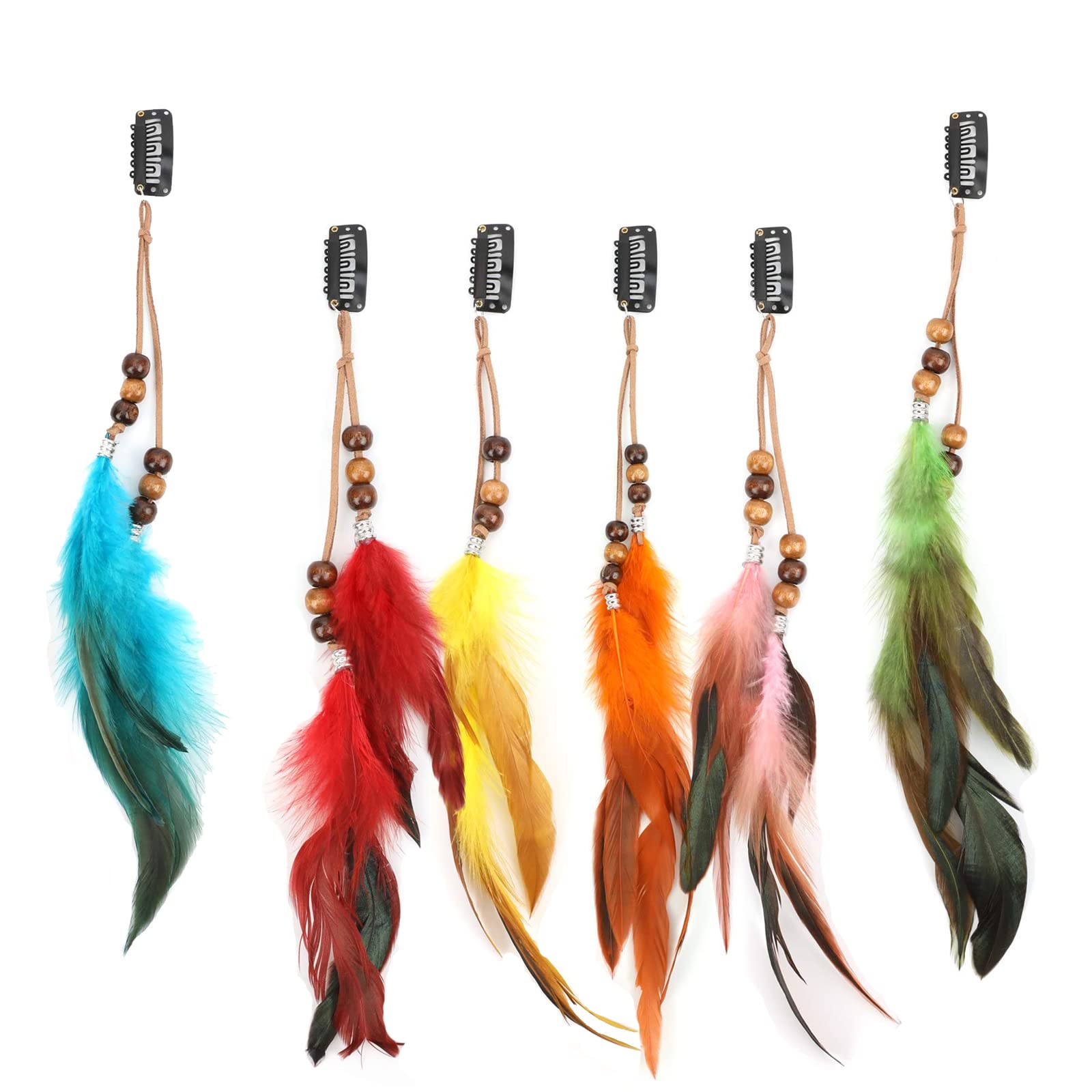Boho Feather Hair Clips for Women - 6PCS Hippie Hair Extensions with Indian Tribal Beads, Colorful Handmade Feather Tassel Headpiece for Festival, Cosplay, DIY Gifts - Perfect for Music Festivals, Boho Weddings & Hippie Costume Accessories