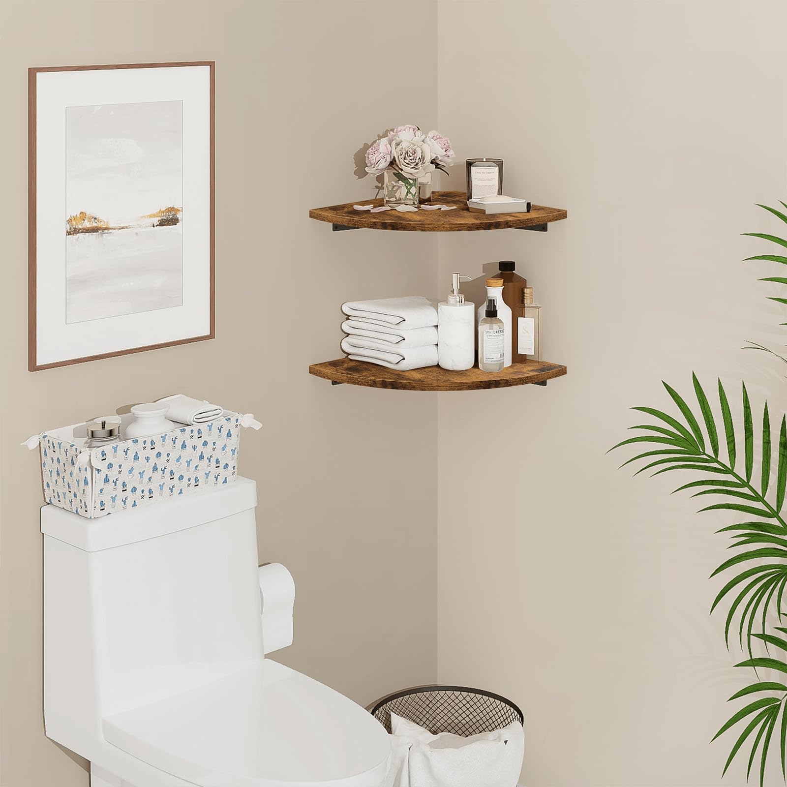 Homode 12 Inch Wood Floating Corner Shelves Set of 2 - Wall Mount Corner Shelf with Cord Hole, Rustic Brown - Perfect for Bathroom Storage, Bedroom Decor & Kitchen Organization