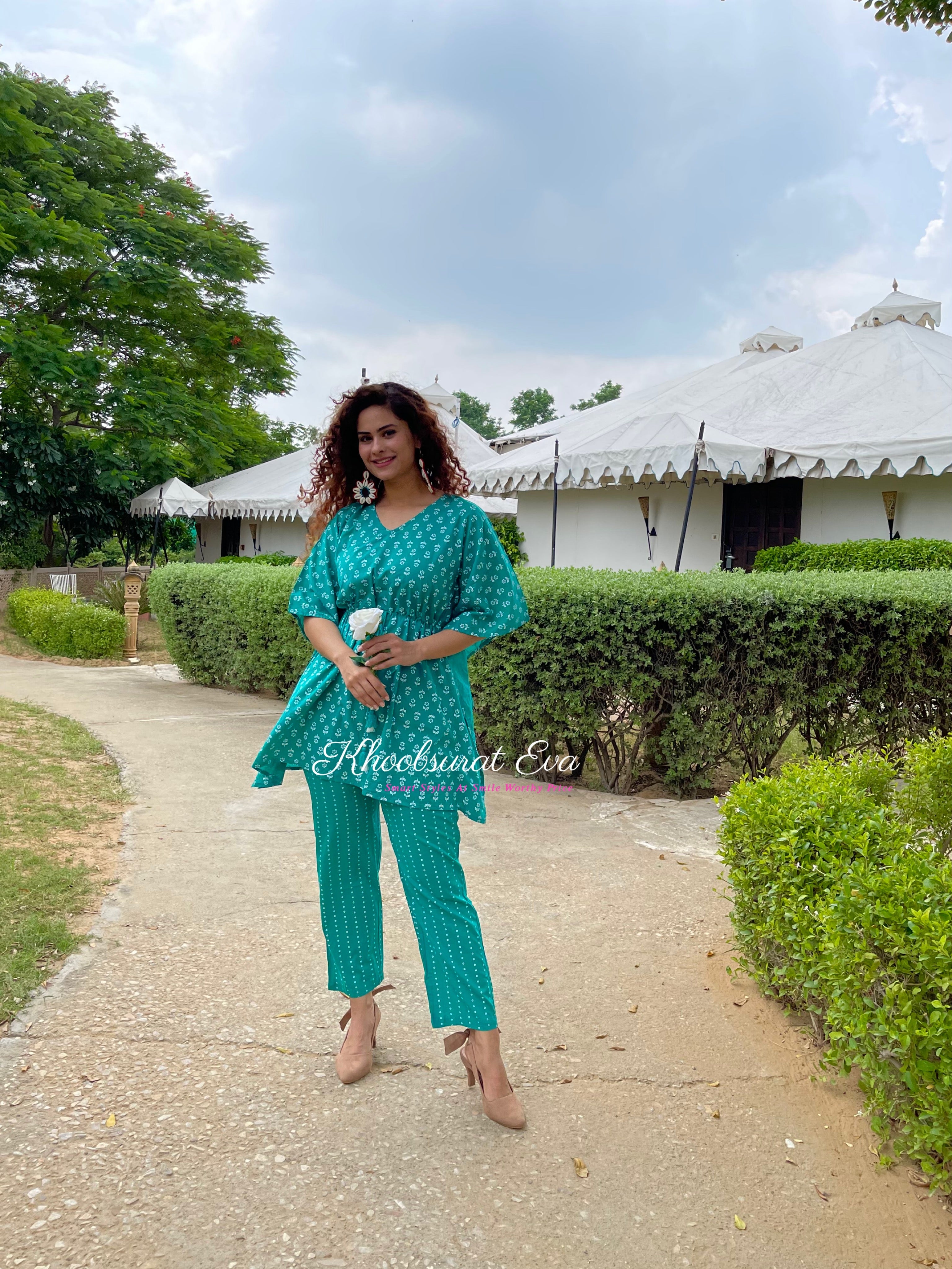 Stylish Green Printed Cotton Kaftan Co-Ord Set for Women - Summer Beachwear & Boho Outfit for Vacations, Pool Parties, and Relaxing at Home