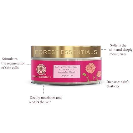 Forest Essentials Radiance Renewal Body Cream with Indian Rose Absolute & Shea Butter | Ayurvedic Moisturizing Cream for Dry Skin | Rose Essential Oil for Glowing Skin | Perfect for Daily Hydration & Spa-Like Luxury at Home