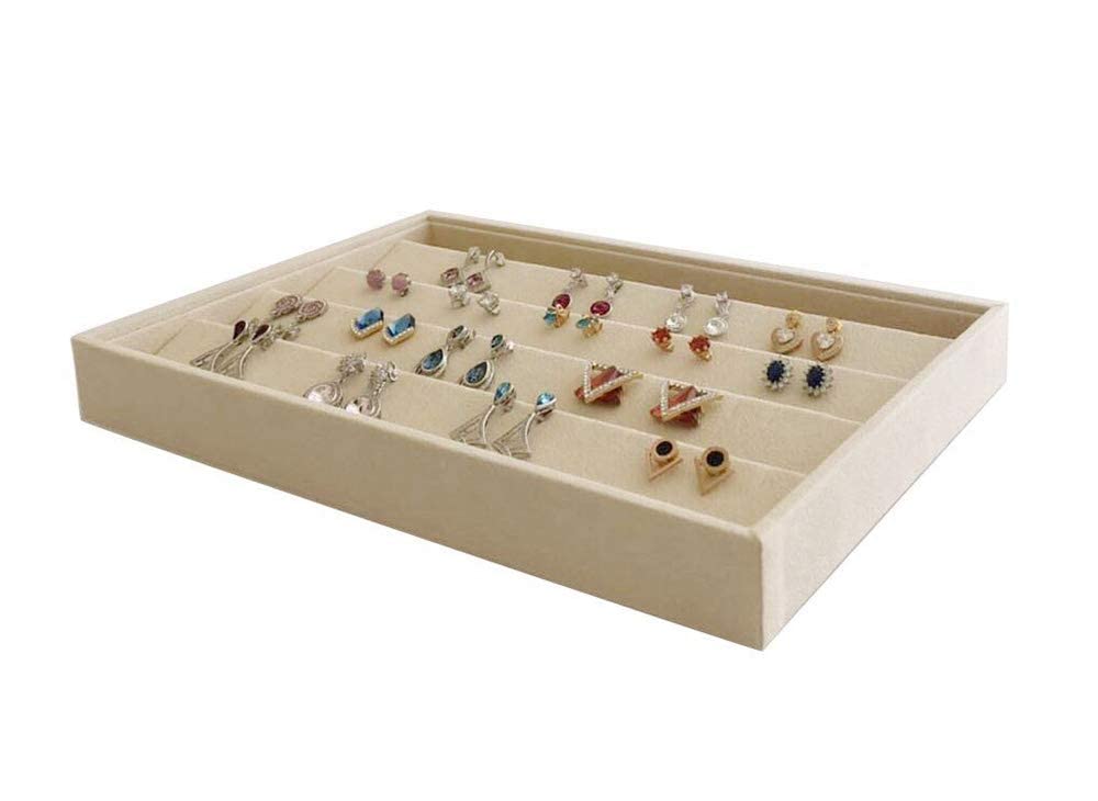 Premium Beige Velvet Jewelry Organizer Tray - Stackable Earring Drawer Insert & Closet Storage Solution for Necklaces, Rings & Bracelets | Perfect for Bedroom Vanity, Travel & Gift Giving