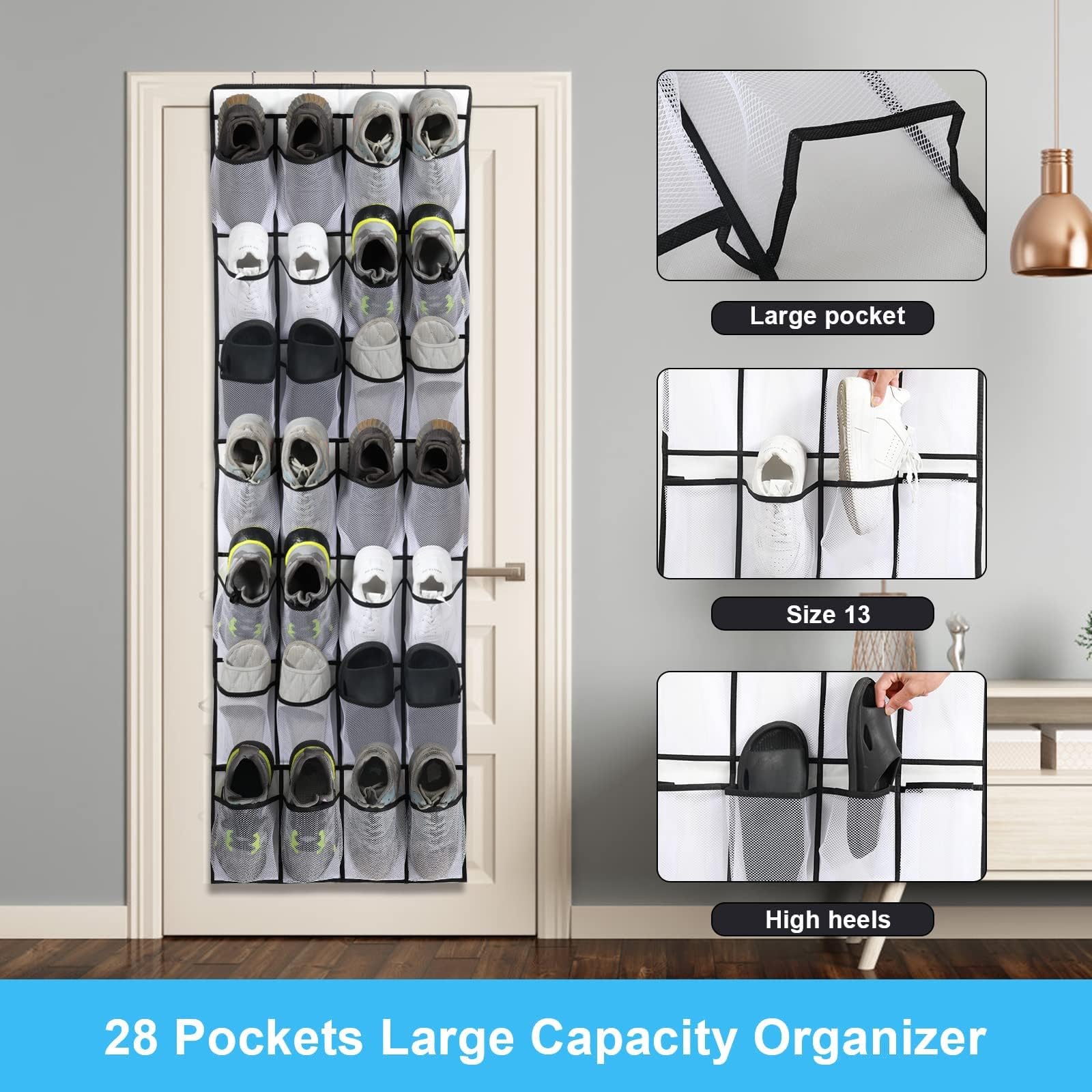 Over the Door Shoe Organizer with 28 Mesh Pockets - Space Saving Hanging Shoe Rack for Closet, Entryway, Bedroom & Bathroom - Perfect for Men's Sneakers & Women's High Heels (White) - Ideal for Small Spaces & Apartment Living