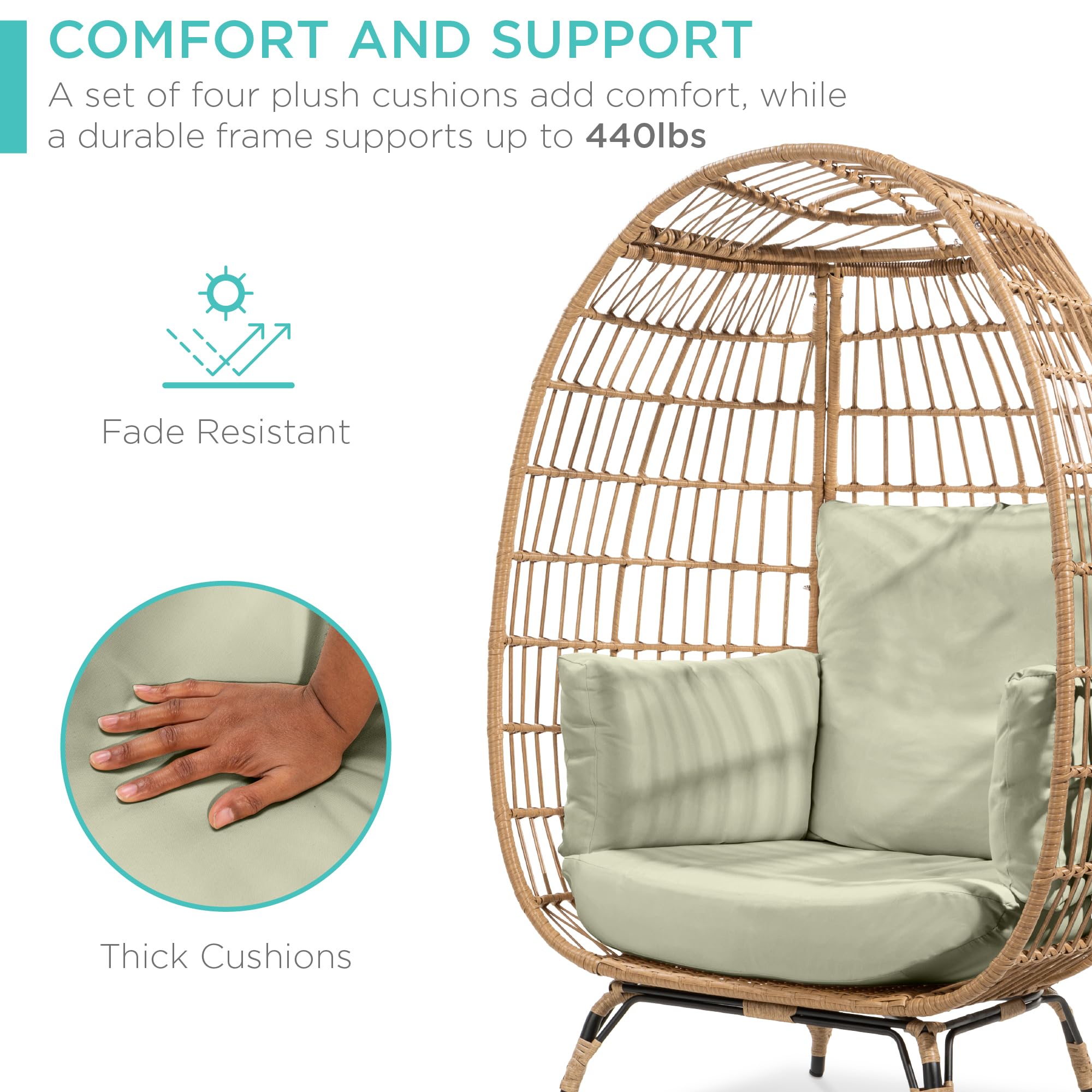 Best Choice Products Oversized Wicker Egg Chair - Indoor/Outdoor Hanging Lounge Chair with 4 Cushions, Steel Frame & 440lb Weight Capacity (Sage Green) - Perfect for Patio, Backyard, Living Room & Relaxation Spaces
