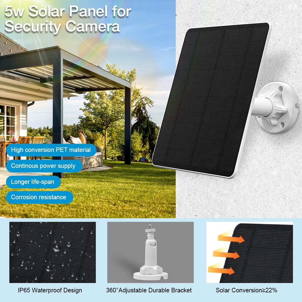5W USB Solar Panel for Security Cameras - IP65 Waterproof, 9.8ft Cable, Adjustable Mount - Compatible with Micro USB, USB-C & DC (2 Pack) - Perfect for Outdoor Surveillance, Home Security & Wireless Camera Charging