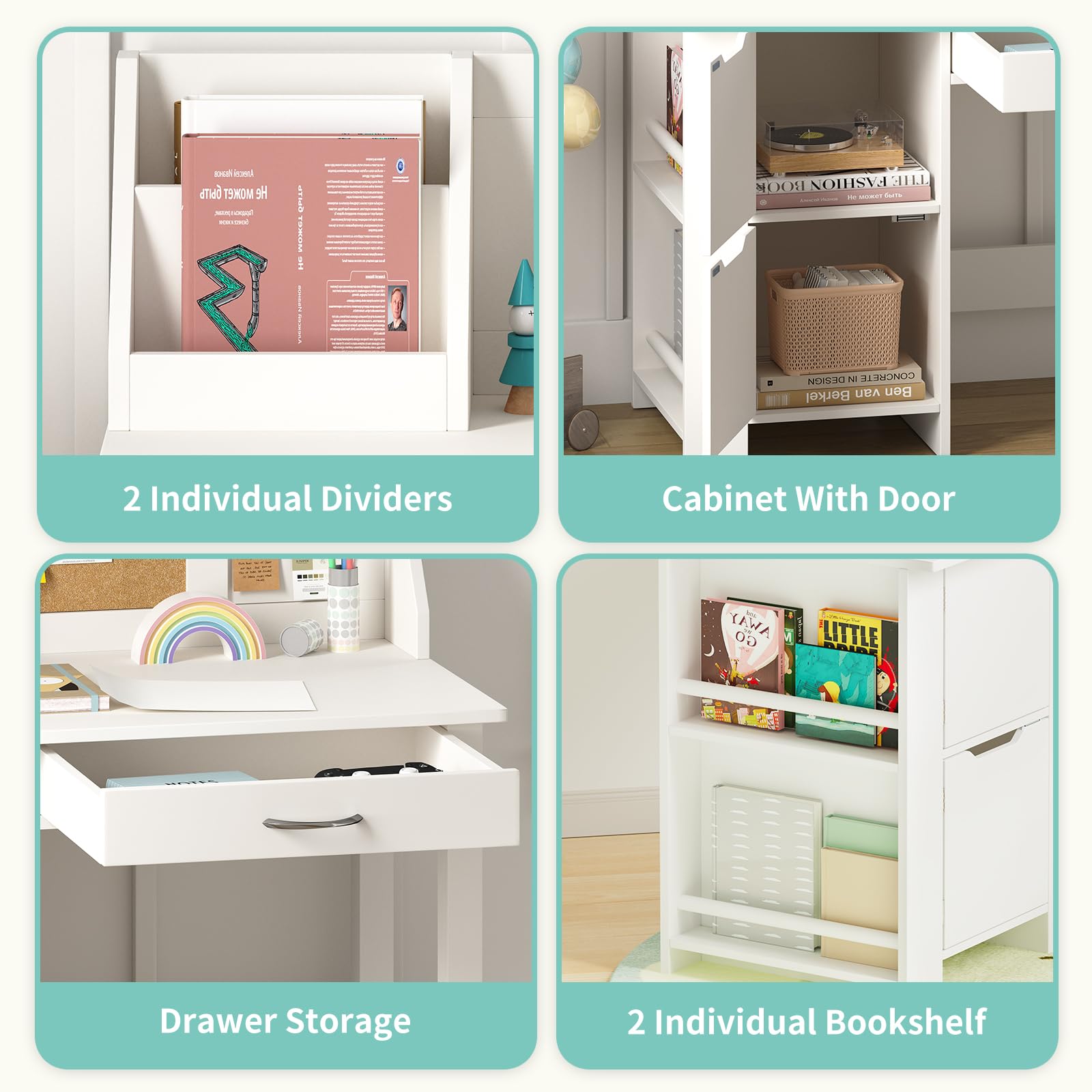 White Kids Desk with Chair Set - Wooden Study Table for Boys & Girls, Computer Desk with Storage Drawers, Bookshelf & Bulletin Board - Perfect for Homework, Online Learning & Craft Activities