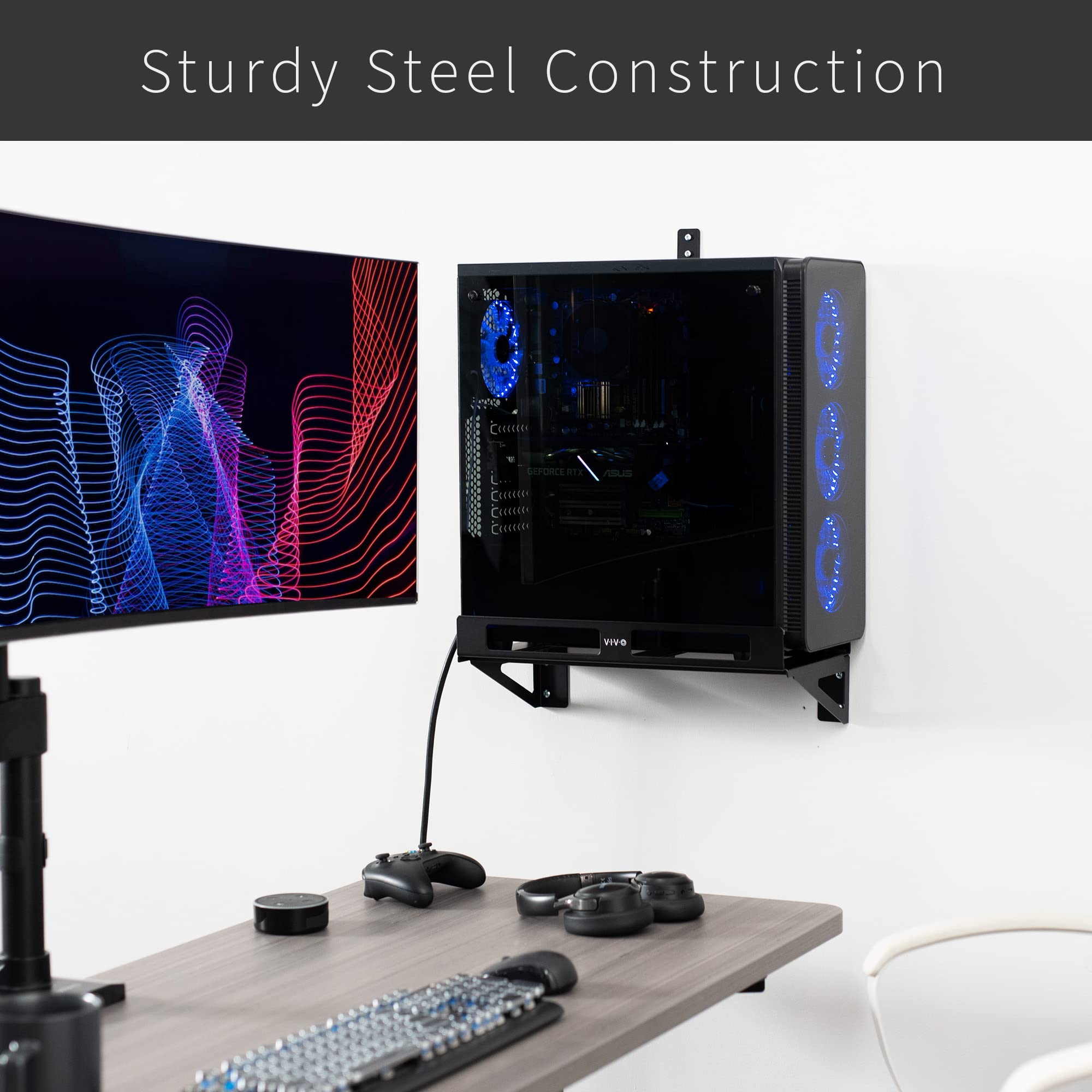 VIVO Clamp-on Desk Extender PC Mount Holder | Adjustable Gaming Computer Case Stand with Wall Mount Option | Secure Locking Mechanism | Black (MOUNT-PC07G) | Perfect for Home Office, Gaming Setup & Workspace Organization
