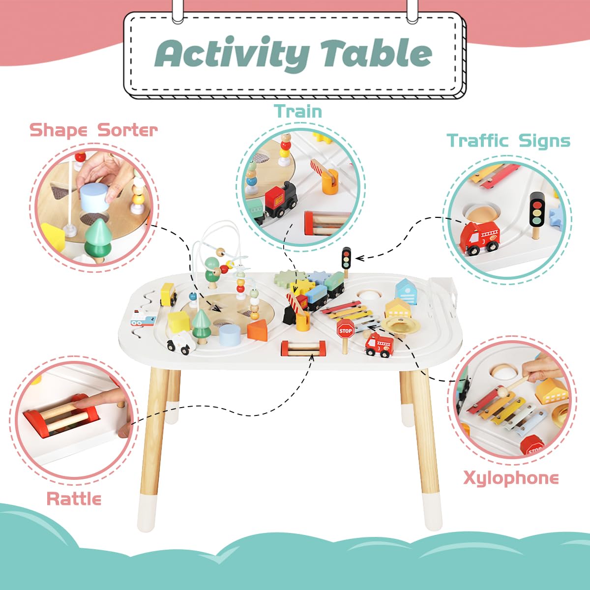 **Montessori Wooden Activity Cube for Toddlers - Baby Learning Toy with Bead Maze, Gears, Blocks & Mini Car - Educational Play Table for 1 Year Old Boys & Girls - Perfect for Home, Preschool & Daycare Playtime**