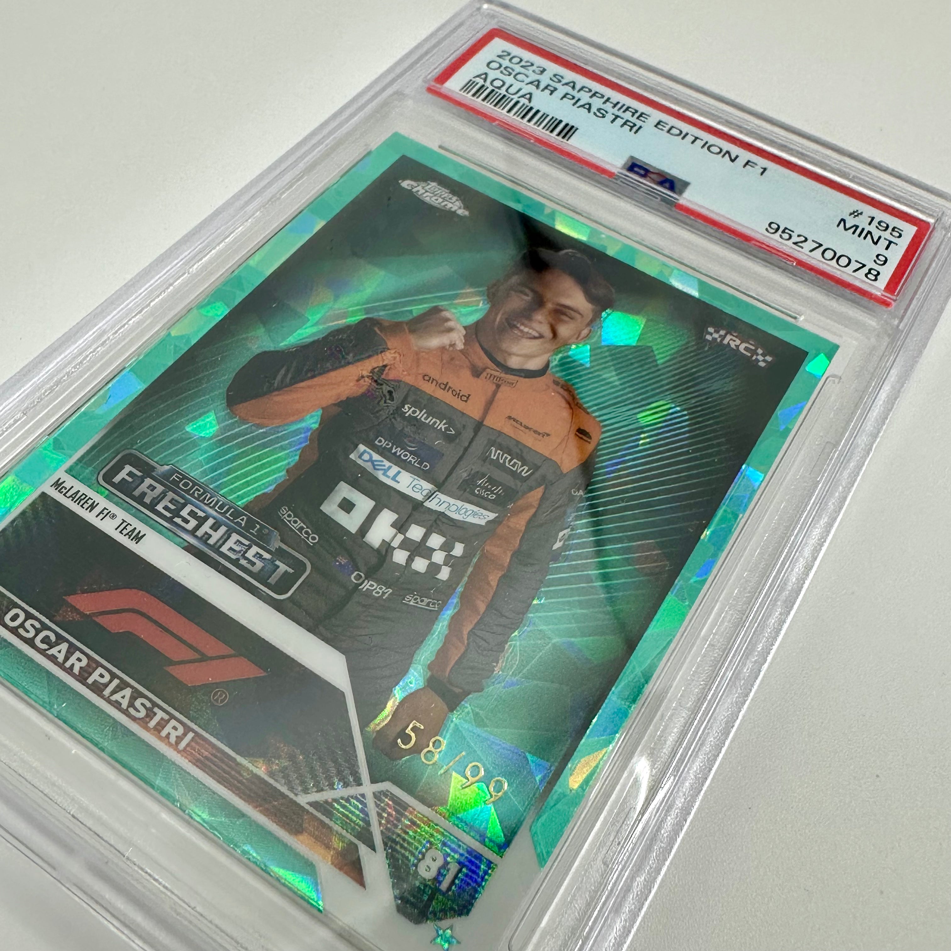 2023 Topps Chrome F1 Oscar Piastri #195 PSA 9 Rookie Card - 58/99 Aqua Sapphire Edition | Collectible Racing Memorabilia for F1 Fans & Card Collectors