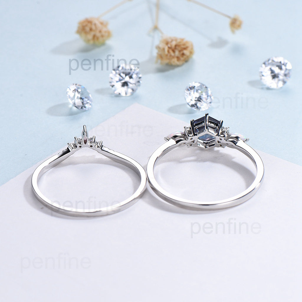 Hexagon Alexandrite Engagement Ring Set - Vintage Cluster Marquise Opal Wedding Ring - Personalized Anniversary Gift for Women - June Birthstone Jewelry - Perfect for Proposals, Weddings & Special Occasions
