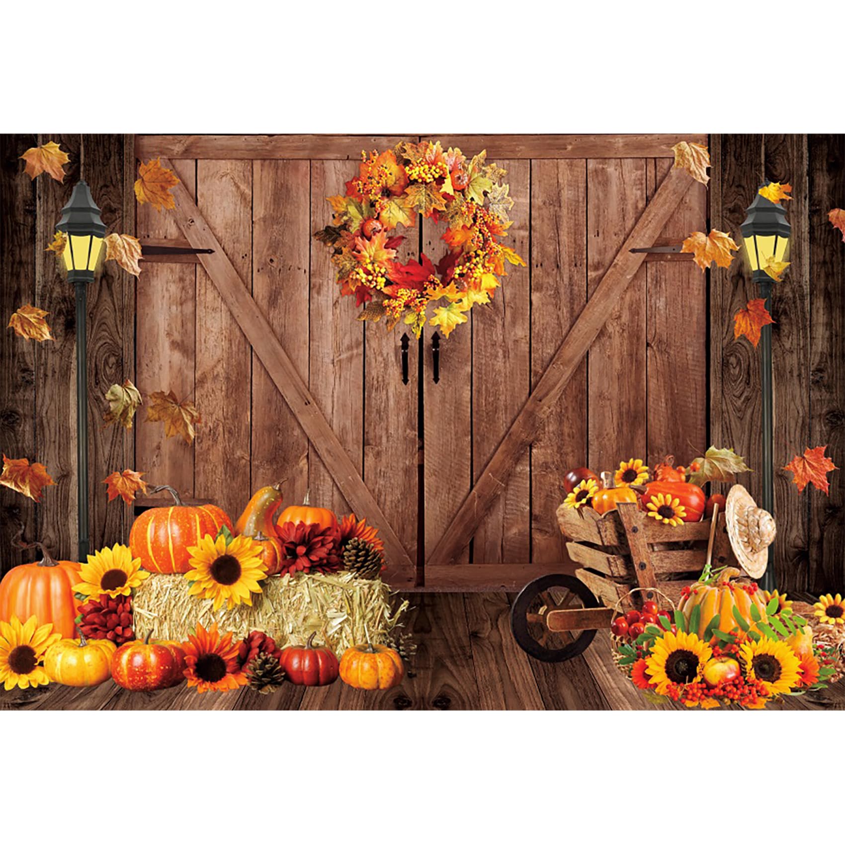 Baocicco 9x6ft Vintage Wooden Barn Door Photo Backdrop with Sunflower Garland & Pumpkins - Rustic Photography Background for Baby Shower, Wedding, Birthday Party, Thanksgiving & Fall Festival Decor - Perfect for Seasonal Photo Shoots and Home Decor