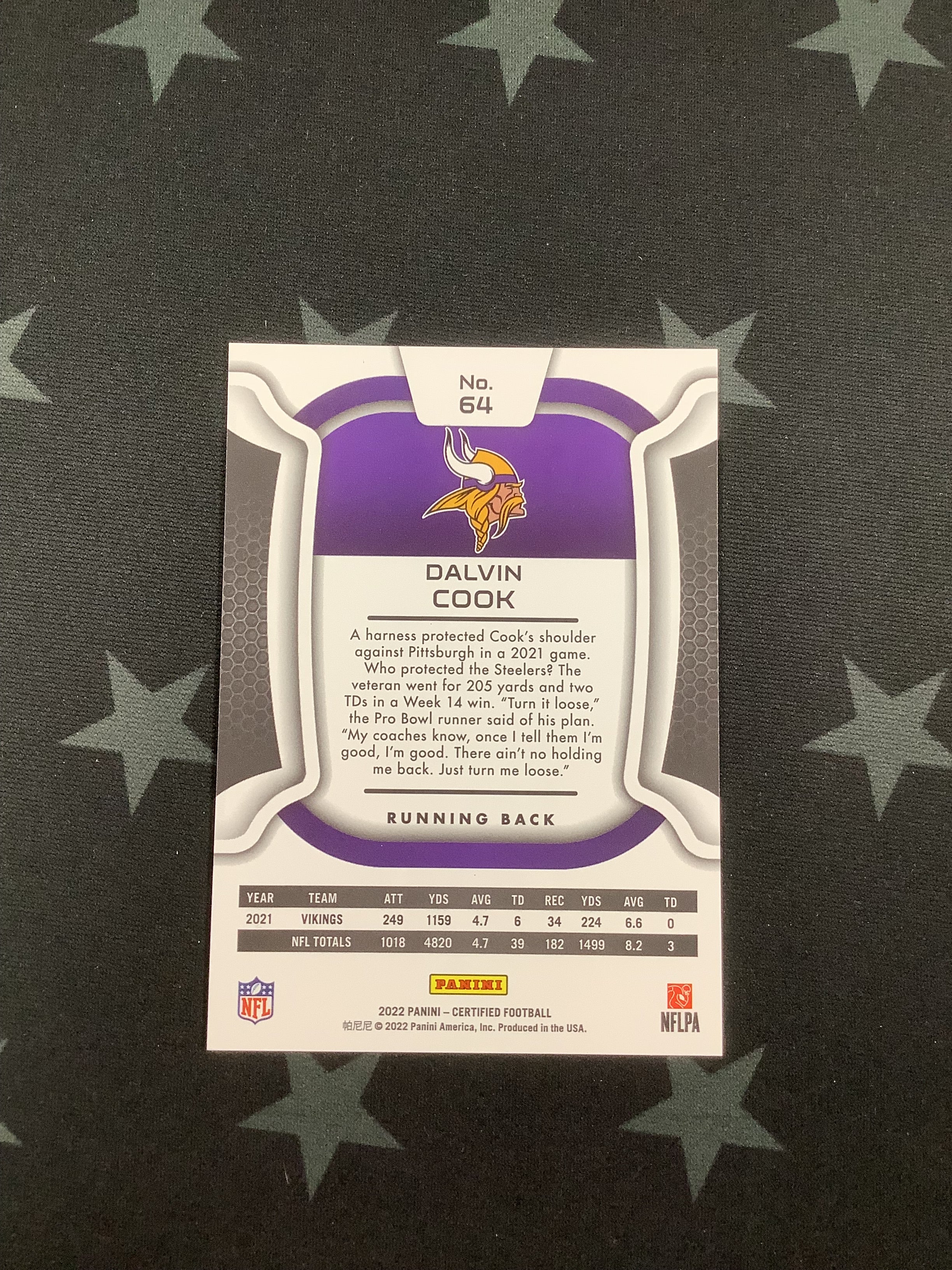 2022 Panini Certified Football Green Laser Dalvin Cook #64 /5 - Rare Collectible Trading Card for NFL Fans & Memorabilia Enthusiasts - Perfect for Display, Gifts, and Investment