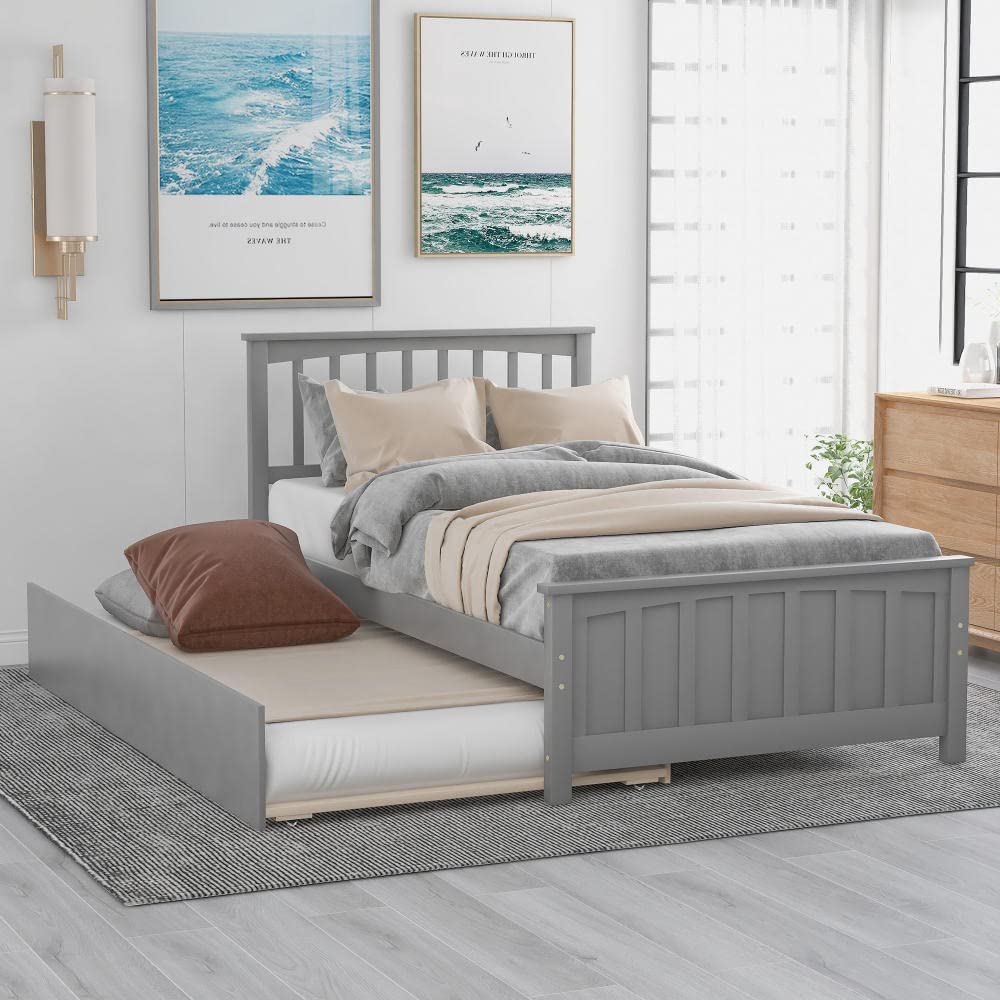 Rubyurphy Twin Platform Bed with Trundle - Solid Wood Bed Frame with Headboard, No Box Spring Needed - Kids & Teens Daybed with Pull-Out Storage Footboard for Boys & Girls (Grey) - Perfect for Small Bedrooms, Guest Rooms & Dormitories