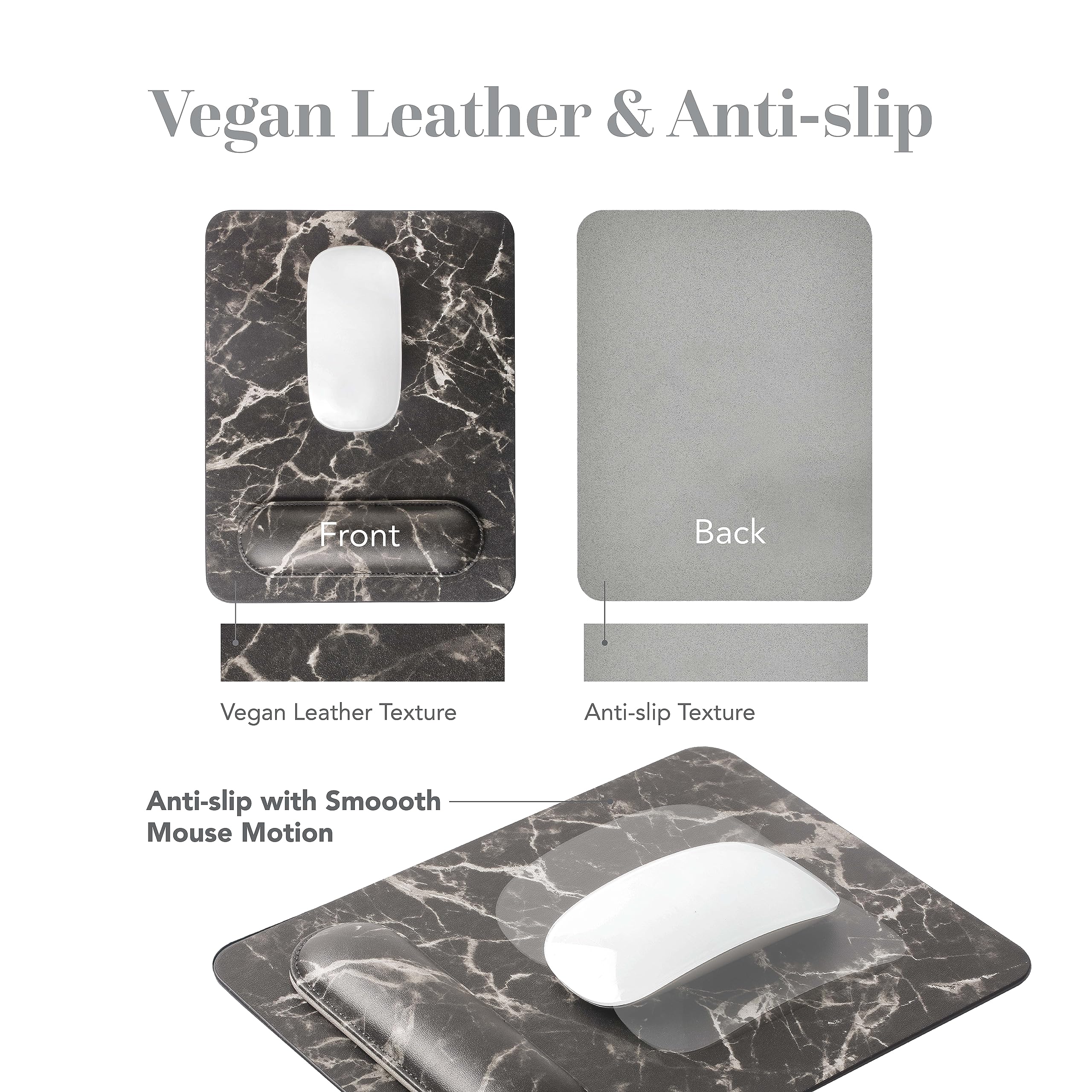 Vegan Leather Black Marble Mouse Pad with Magnetic Wrist Support - Ergonomic & Anti-Slip Desk Accessory for Office & Gaming | Perfect for Women & Men Workstations
