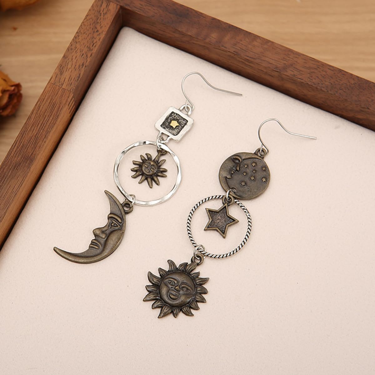 Opal Sun Moon Star Dangle Drop Earrings - Bohemian Retro Asymmetric Earrings with Greek Mythology Face Design for Women | Perfect for Festival, Boho Chic Outfits & Gift Giving