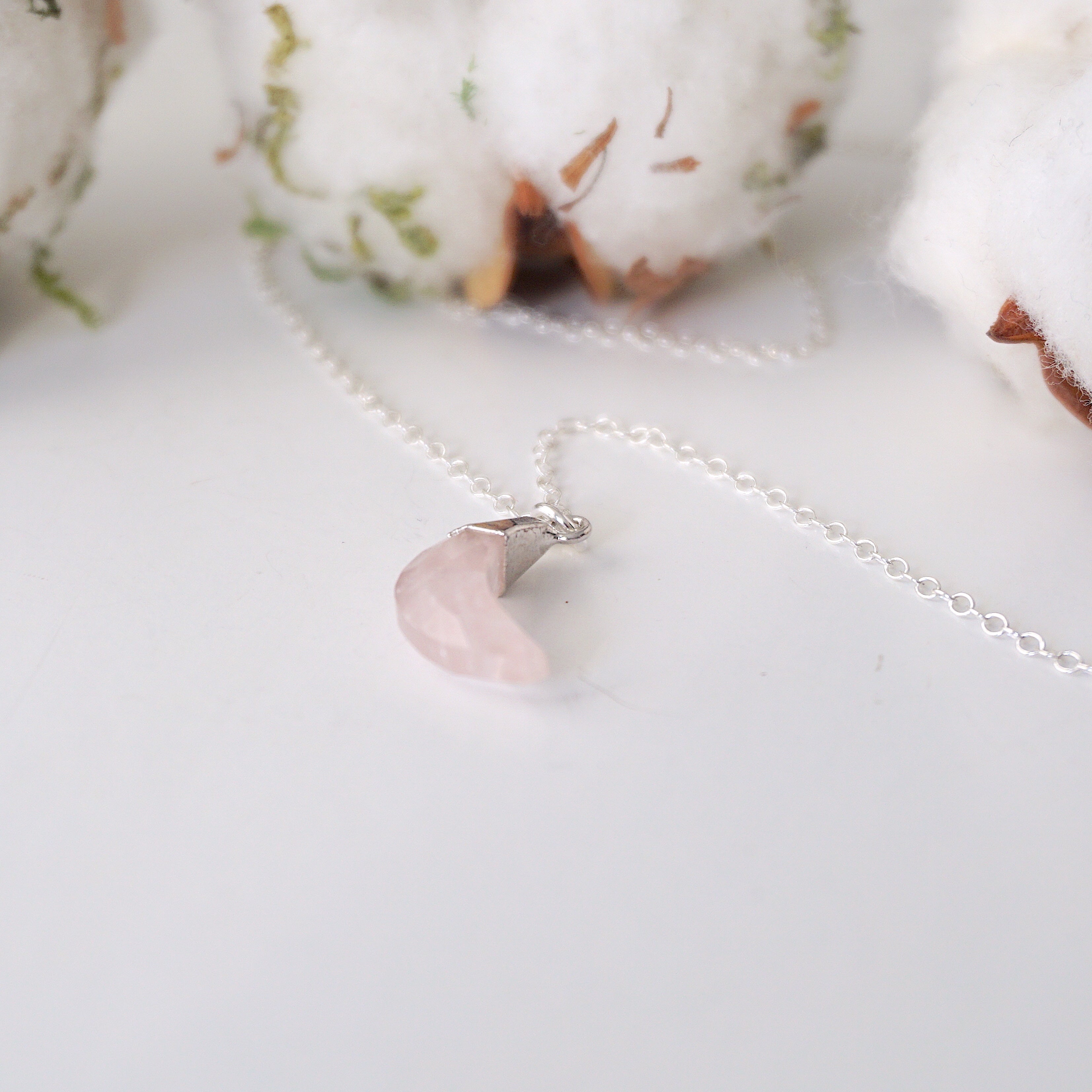 Sterling Silver Rose Quartz Moon Charm Necklace - Elegant Dainty Jewelry for Women, Gift for Her, Valentine's Day, Birthday, Anniversary | Perfect for Everyday Wear, Date Night, Special Occasions