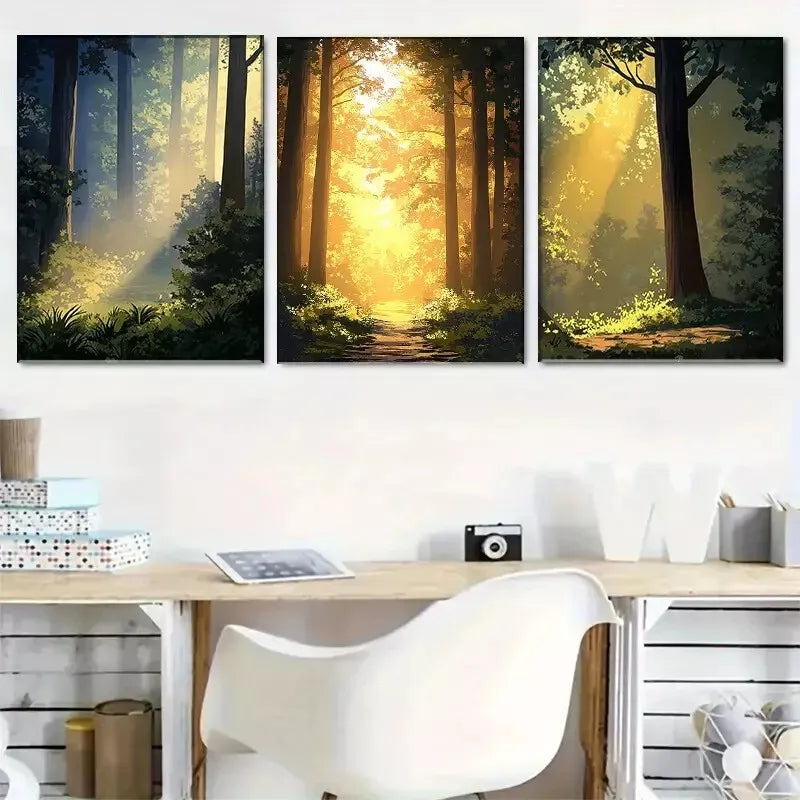 3-Piece Sunlit Forest Greenery Canvas Art Set - 50x70cm Framed Wall Decor, High-Quality Australian-Made Print, Ready to Hang - Perfect for Living Room, Bedroom & Office Decor