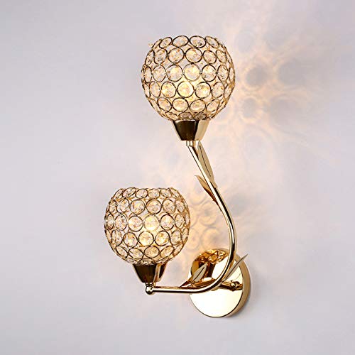 Crystal Globe Wall Sconce Lighting - 2 Light Gold Modern Fixture for Bedroom, Hotel & Hallway | Contemporary Style Clear Glass Night Light for Restaurants & Living Spaces