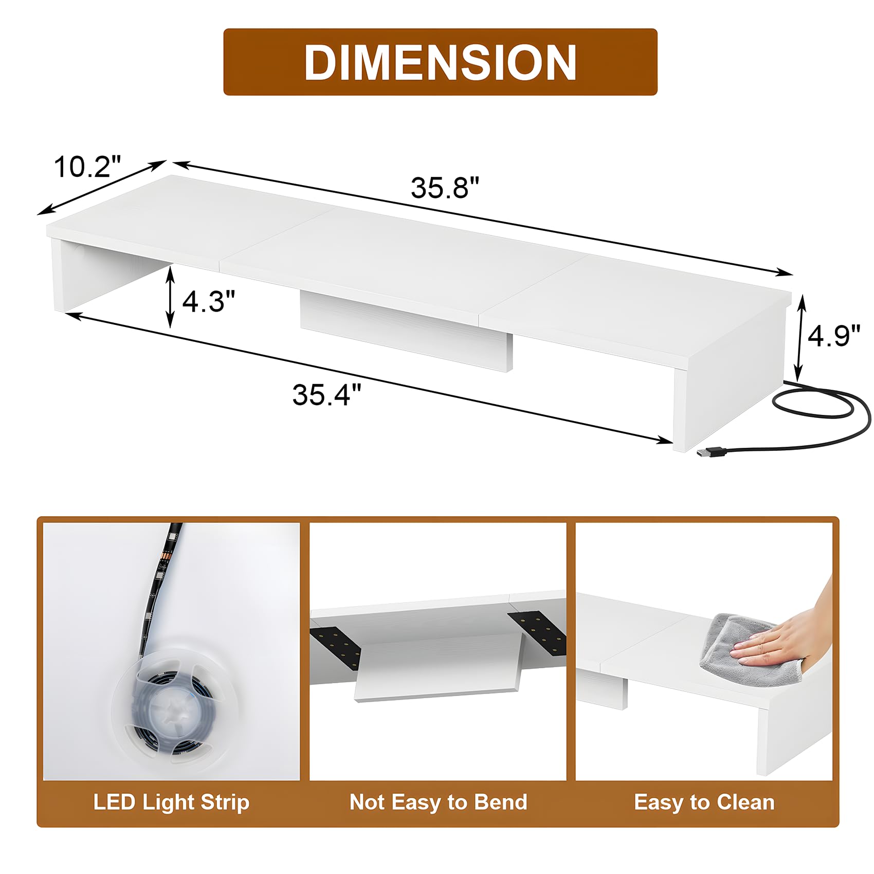 Dual Monitor Stand with LED Lights - Adjustable Large Desk Riser for 2 Computer Monitors, Laptop & TV - Space Saving Desktop Organizer for Home Office, Gaming Setup & Workstation (White)