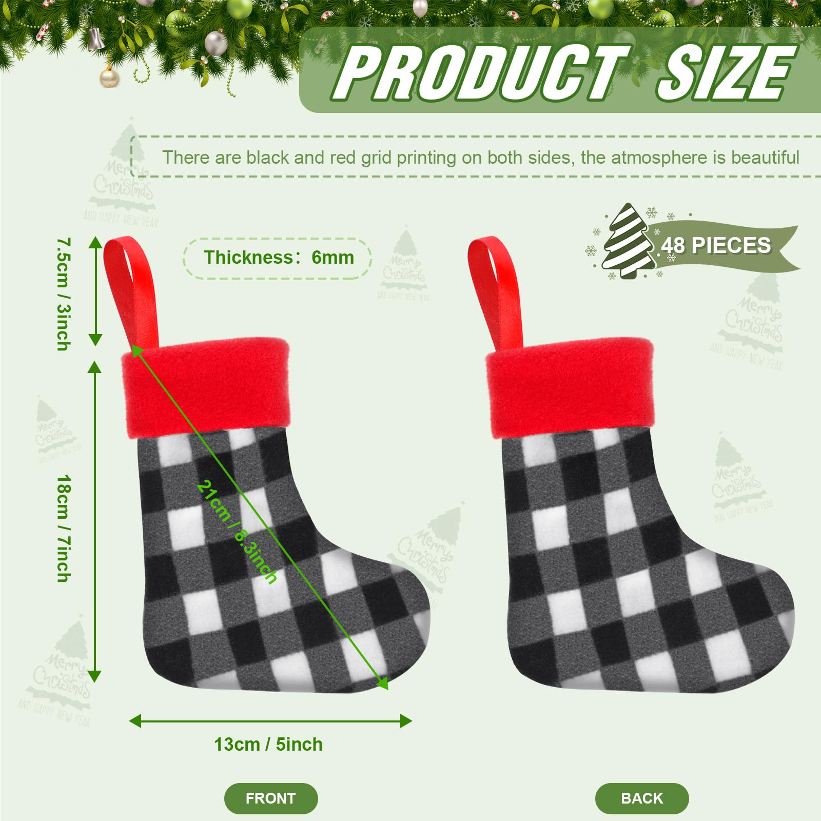 BBTO Mini Christmas Stockings 7 Inch - Plaid Buffalo Pattern Holiday Stocking Ornaments (White & Black, 48 Pack) for Tree Decorations, Gift Bags, Party Favors and Festive Home Decor