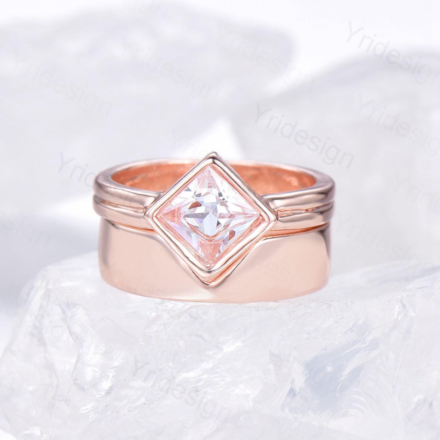Rose Gold Moissanite Couple Wedding Rings Set - Princess Cut His & Hers Matching Engagement Rings for Men & Women - Vintage Style Promise Gift for Anniversaries, Proposals & Romantic Occasions