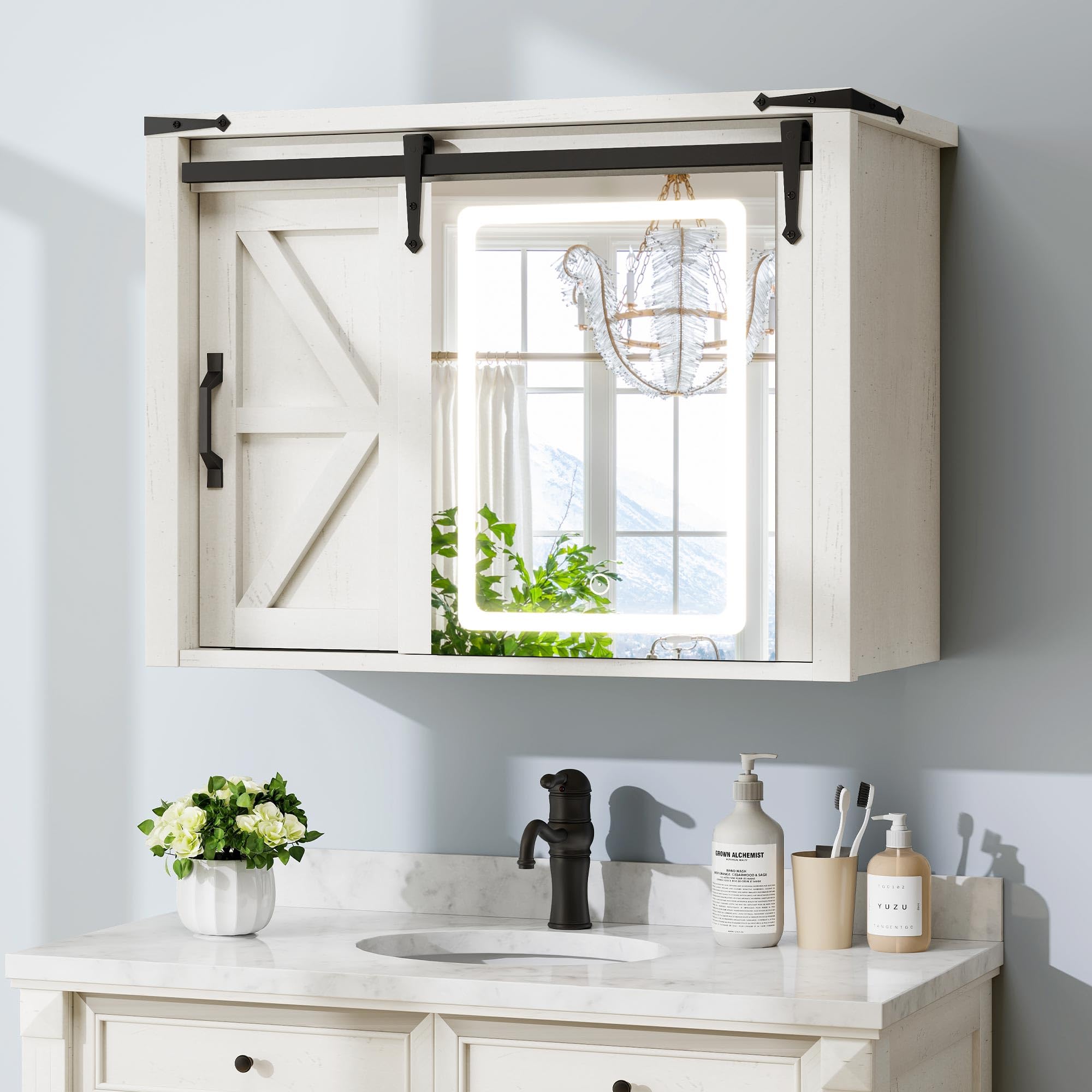Farmhouse Medicine Cabinet with LED Lights - Rustic Sliding Barn Door Bathroom Wall Mirror Storage Organizer, Adjustable Shelf & 3-Color Memory Mode - 32 Inch White Oak - Perfect for Vintage Bathroom Decor and Modern Vanity Organization