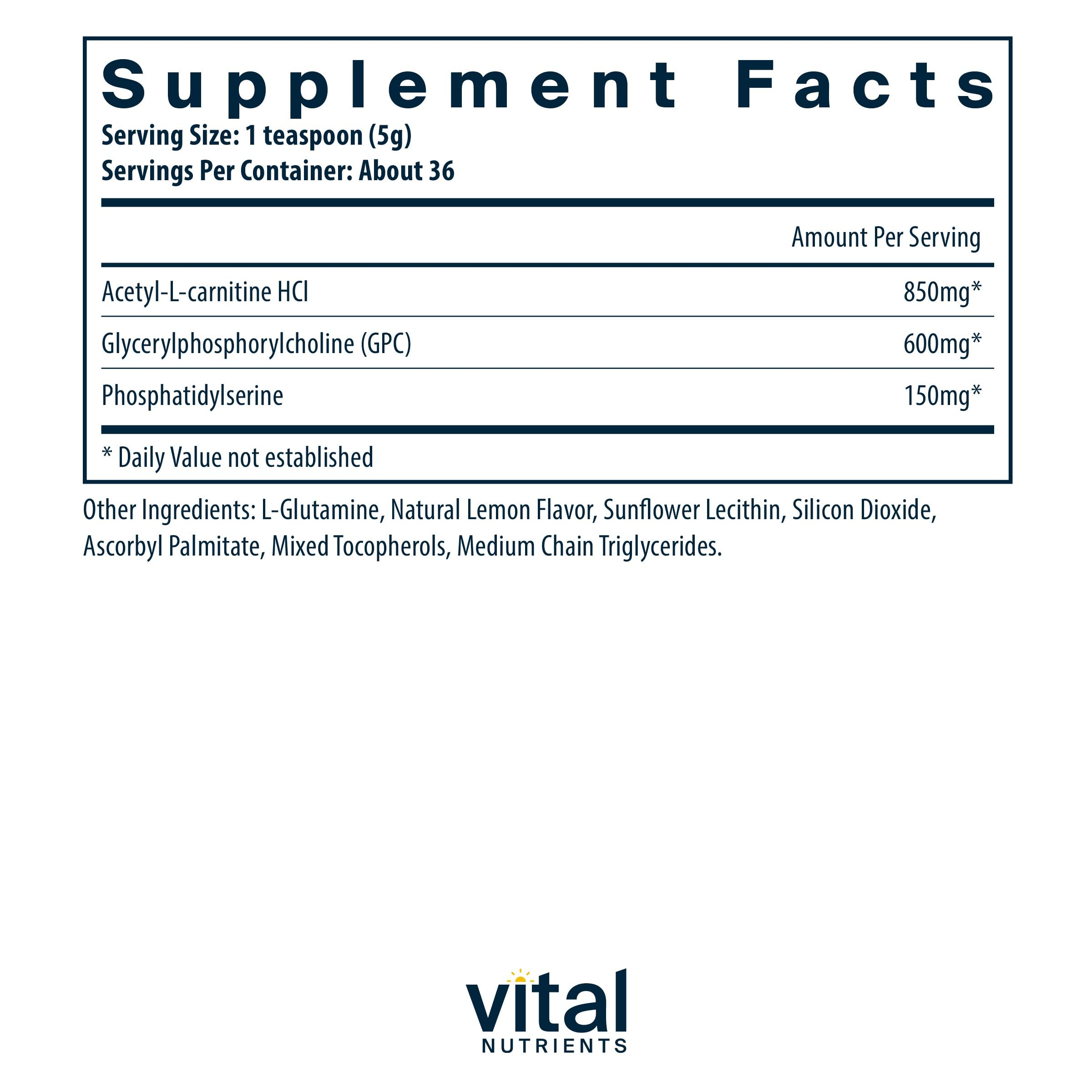 Vital Nutrients Vital Brain Powder - Phosphatidylserine & Acetyl-L-Carnitine Nootropic Supplement for Cognitive Function, Memory & Learning | Gluten Free, Dairy Free, Soy Free | Lemon Flavor 150g | Perfect for Students, Professionals & Seniors to Enhance Focus & Mental Clarity