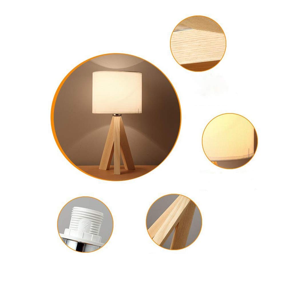Modern Wooden Tripod Bedside Lamp with Fabric Linen Lampshade - Eye-Protecting Desk Lamp for Bedroom, Living Room & Office - Simple Nordic Style Nightstand Lighting for Home Decor