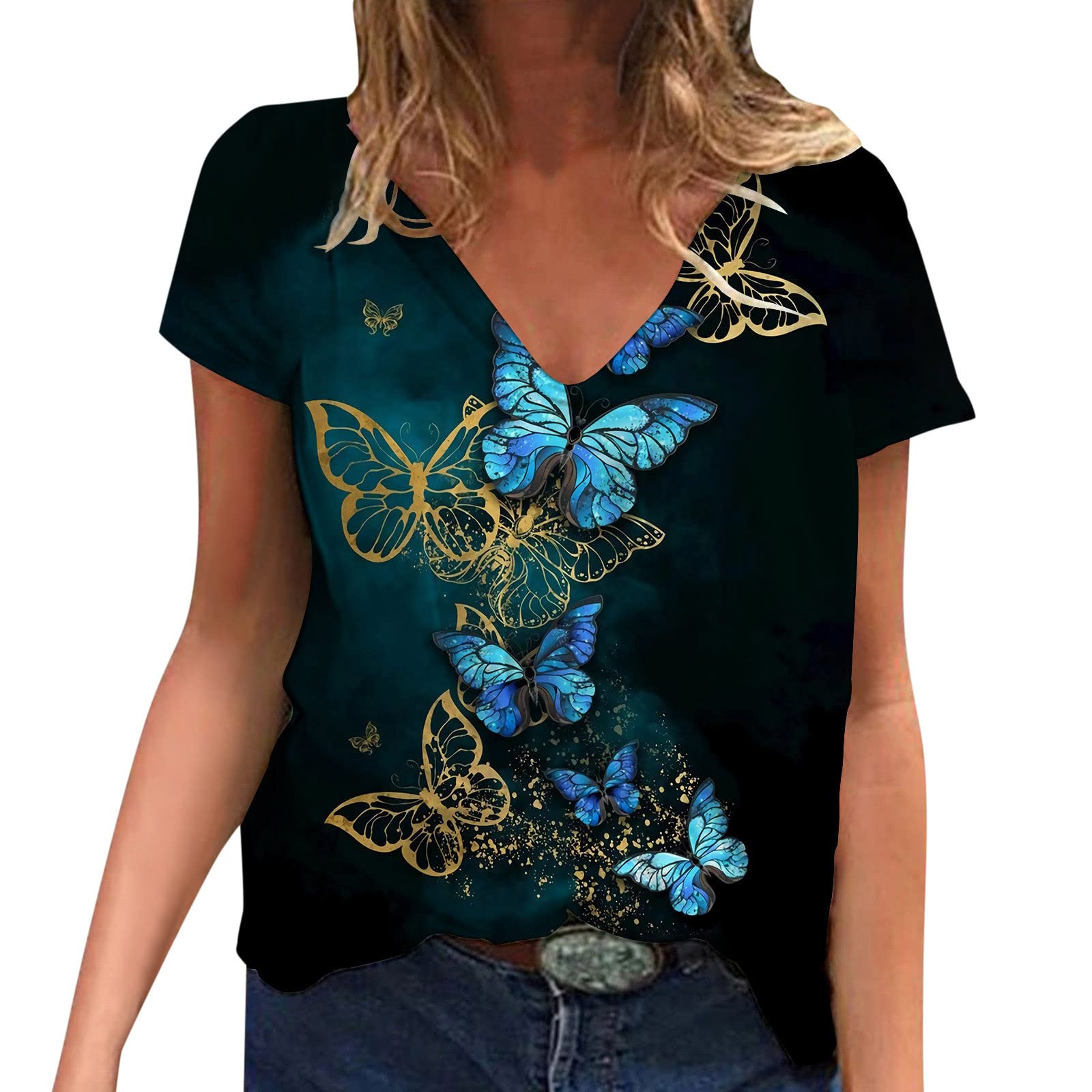 UOKNICE Women's Floral Print V-Neck Workout T-Shirts - Short Sleeve Fitness Tees for Summer, Trendy Casual Sports Henley Tops | Gym, Yoga, Running & Outdoor Activities