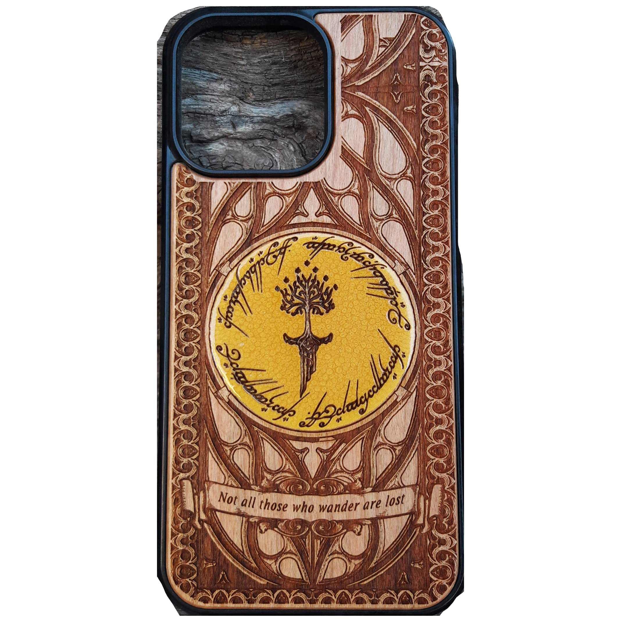 Hand-Painted Elvish Symbol Laser Engraved Wooden Phone Case for iPhone 16/15/14/13/12/11 Pro Max/Mini & Galaxy S25/S24/S23/S22/S21/S20 Ultra Plus - Eco-Friendly Slim Durable Wood Cover - Perfect for Nature Lovers & Fantasy Fans
