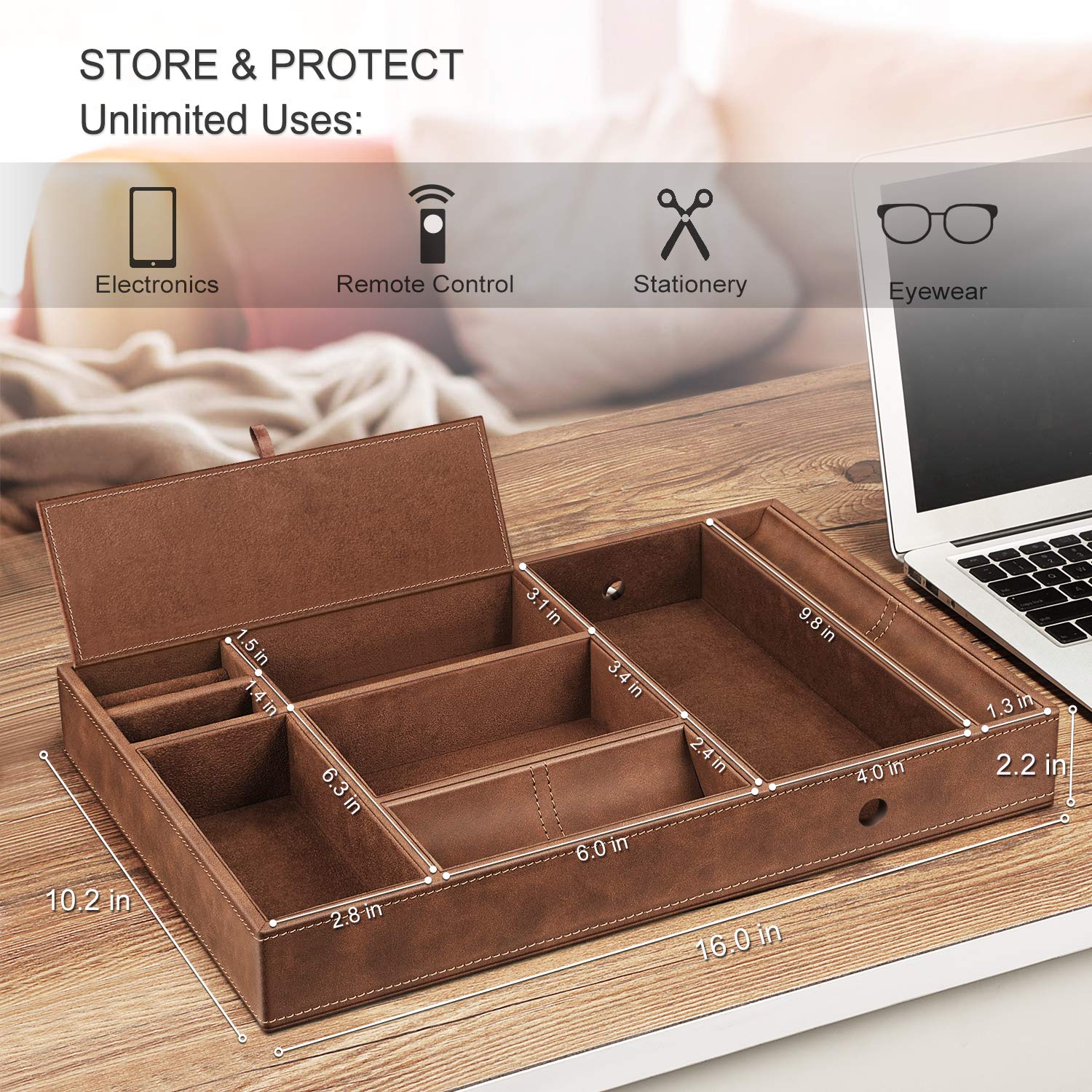 SITHON Valet Tray - 8 Compartment PU Leather Desktop Organizer for Keys, Jewelry, Coins & EDC | Nightstand Catchall Tray for Bedroom, Vanity & Office | Brown Storage Box for Home & Travel Accessories