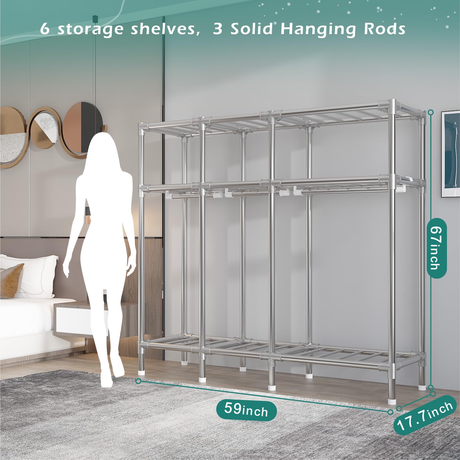 59 Inch Portable Wardrobe Closet - Heavy Duty Steel Hanging Rack with Polyester Cotton Fabric Cover - Moonlight Grey Storage Organizer for Bedroom, Closet, Dorm Room & Small Spaces
