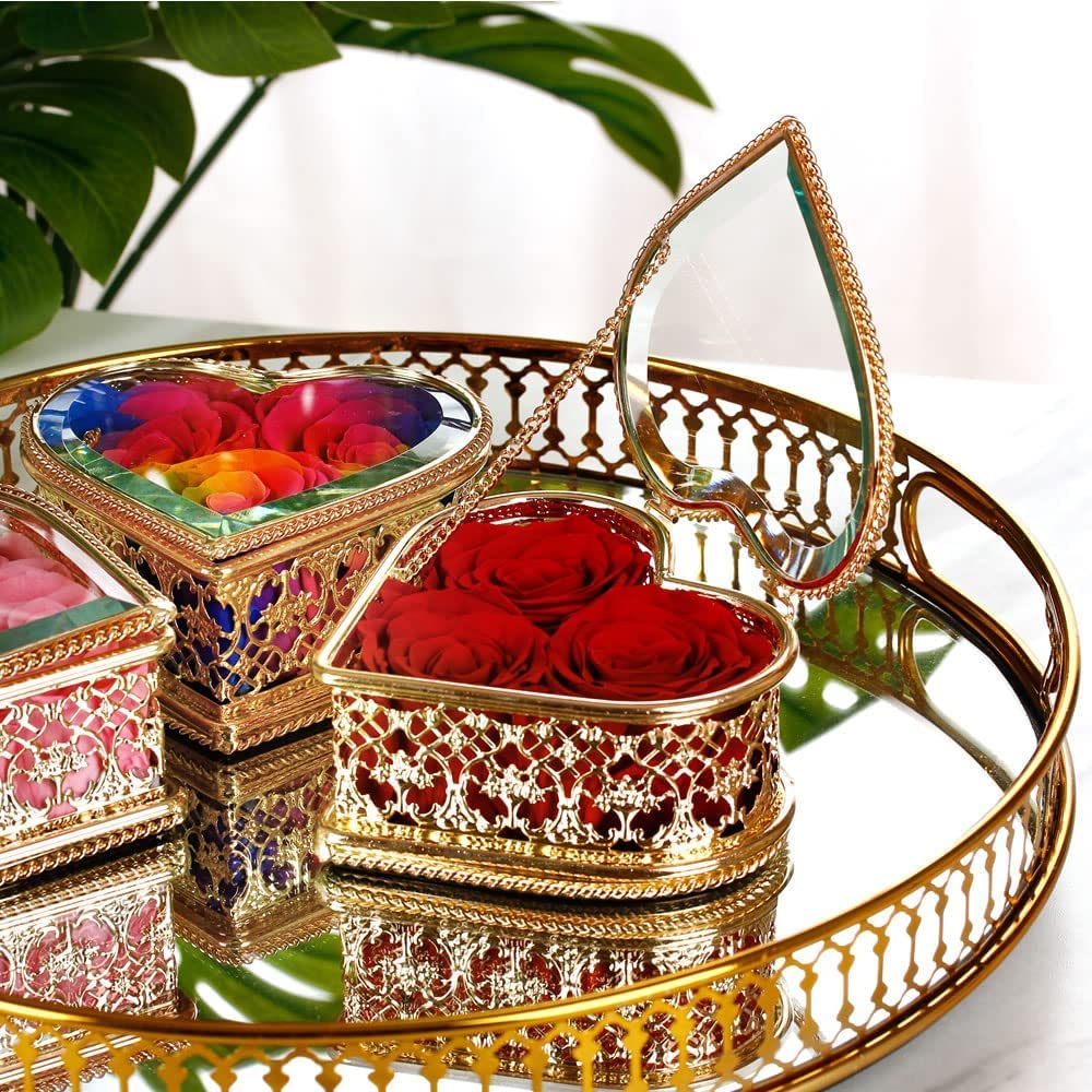 Enchanted Real Preserved Roses in Heart Shaped Glass Box - Long Lasting Eternal Flowers for Valentine's Day, Mother's Day, Anniversary Gifts - Luxury Elegant Metal & Glass Display Case - Perfect for Romantic Surprises, Wedding Decor, and Home Decoration