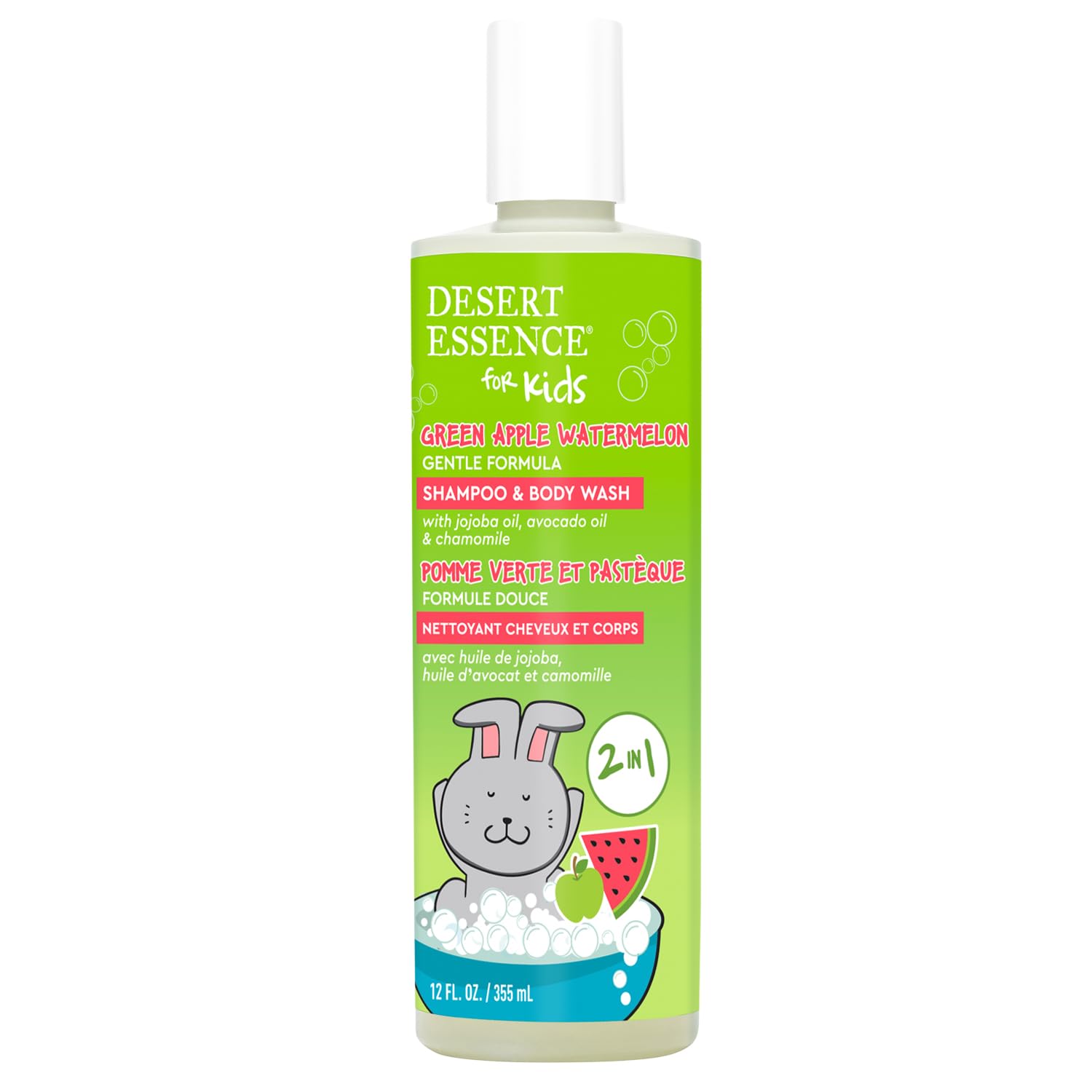 Desert Essence Kids Green Apple Watermelon 2-in-1 Shampoo & Body Wash + Conditioning Detangler Bundle 12 fl oz | Vegan, Gluten-Free, Cruelty-Free | Nourishing Formula for Soft Hair & Skin | Perfect for Kids Bath Time & Daily Hair Care