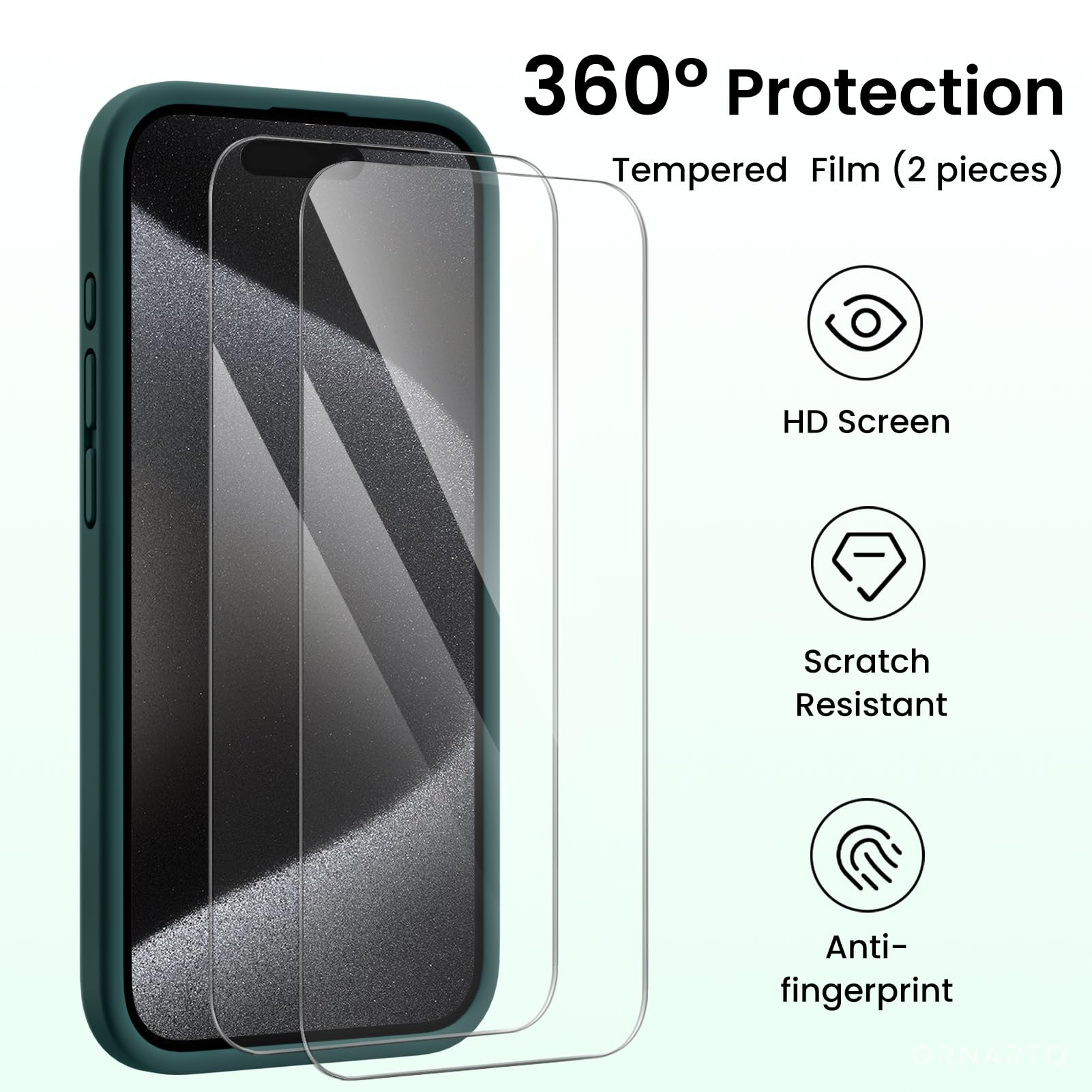 ORNARTO Liquid Silicone Gel Rubber Case for iPhone 15 (6.1 Inch) with 2X Tempered Glass Screen Protector | Shockproof Protective Cover with Upgraded Camera Protection - Olive Green | Perfect for Outdoor Activities, Travel & Daily Use