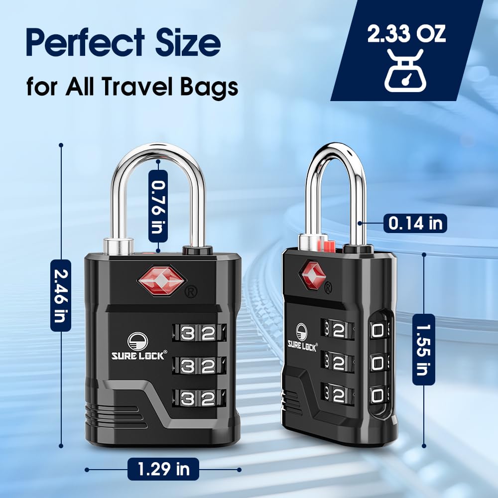 SURE LOCK TSA Approved Luggage Locks (2-Pack, Black) - High Security Travel Locks with Open Alert, Easy Read Dials & Zinc Alloy Body - Perfect for Suitcases, Gym Lockers & Airplane Travel