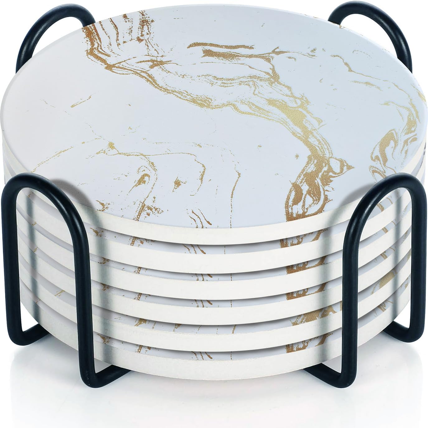 Premium Ceramic Coasters Set of 6 - Marble Design with Cork Base & Metal Holder | Elegant Drink Coasters for Coffee, Tea & Dining Tables | Perfect for Home Decor, Office Use & Gift Giving