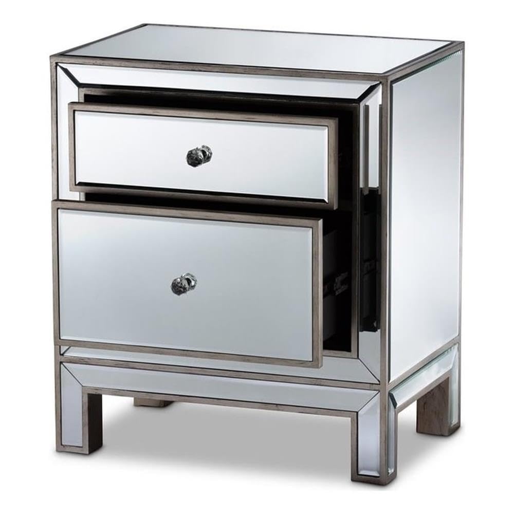 Baxton Studio Fadri Contemporary Glam Mirrored Nightstand with 2 Drawers - Luxury Bedroom Furniture for Modern Home Decor