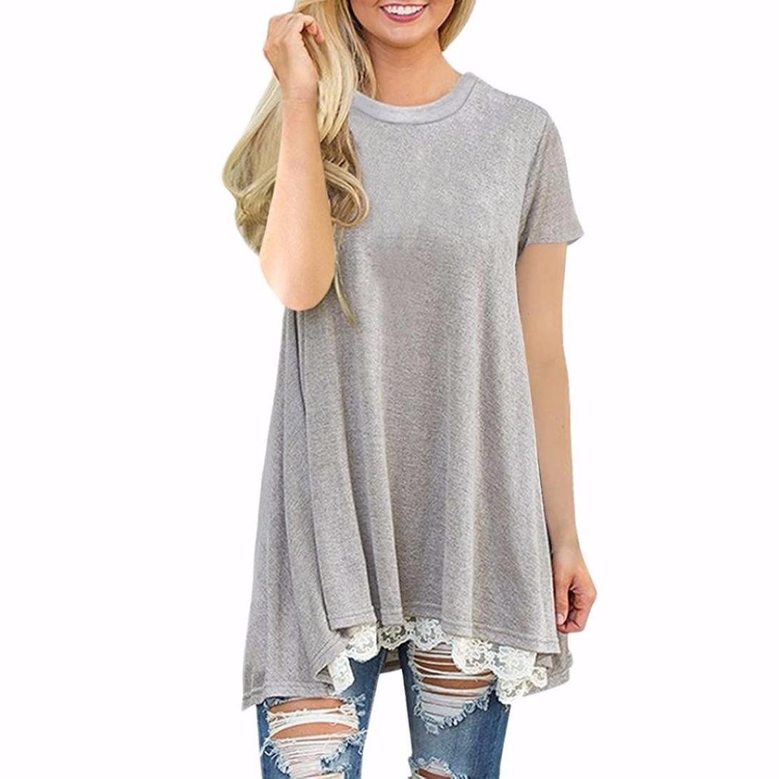 Women's Short Sleeve O-Neck A-Line Lace Trim Blouse - Casual Loose Fit Tops for Summer | Perfect for Office, Date Night & Weekend Outings