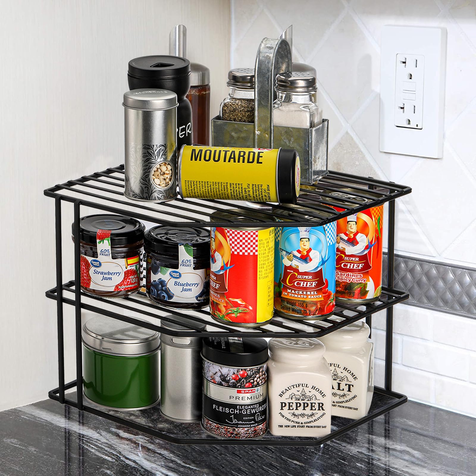 3-Tier Metal Wire Kitchen Corner Shelf Organizer - 9x9x7.5 Inch Counter & Cabinet Storage Rack for Plates, Cups, Dishes - Space Saving Pantry Solution for Small Kitchens, Bathrooms & Dorm Rooms