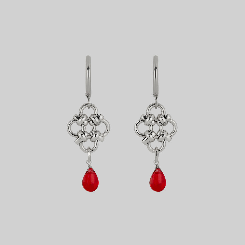 RUBIOUS Silver Chainmail & Red Glass Hoop Earrings for Women - Elegant Dangle Earrings for Party, Wedding, and Evening Wear