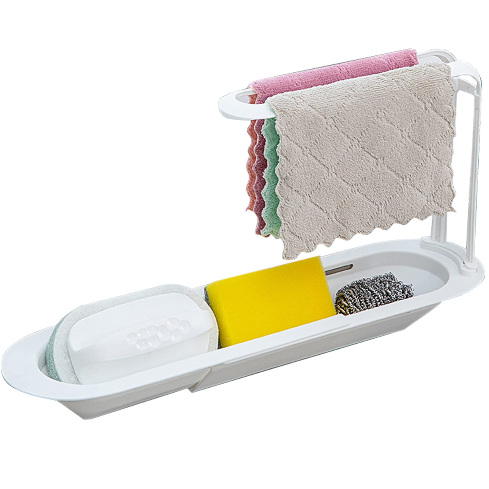 Expandable Sink Sponge and Soap Holder - Adjustable Drainer Tray for Kitchen & Bathroom | Rustproof Stainless Steel Storage Basket | Perfect for Small Spaces, RV, Apartment (White)