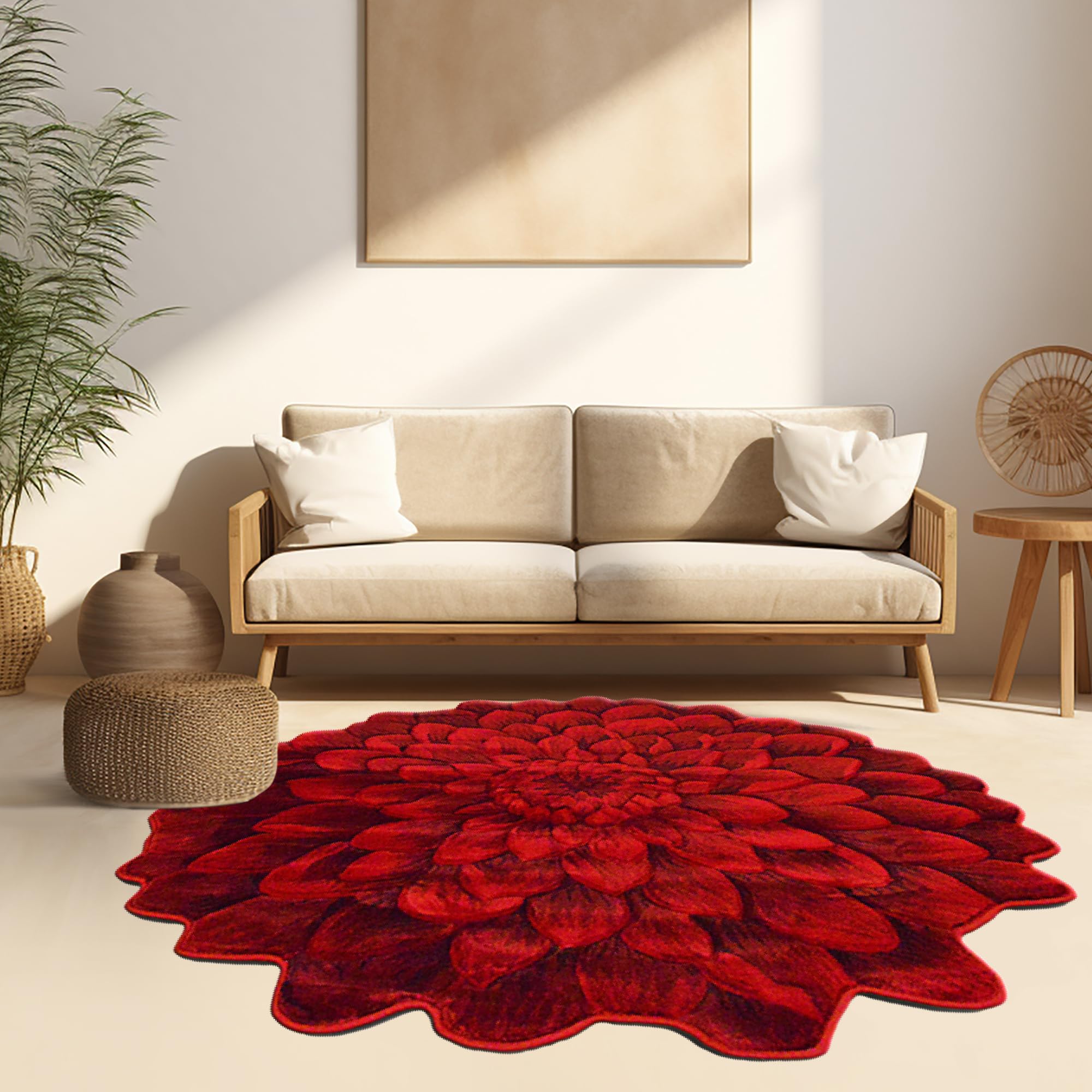 5ft Round Flower Shaped Area Rug - Soft Plush Girly Circle Carpet for Bedroom & Living Room - Vibrant Red Home Decor (Perfect for Boho Chic Decor, Kids Room & Nursery Flooring)