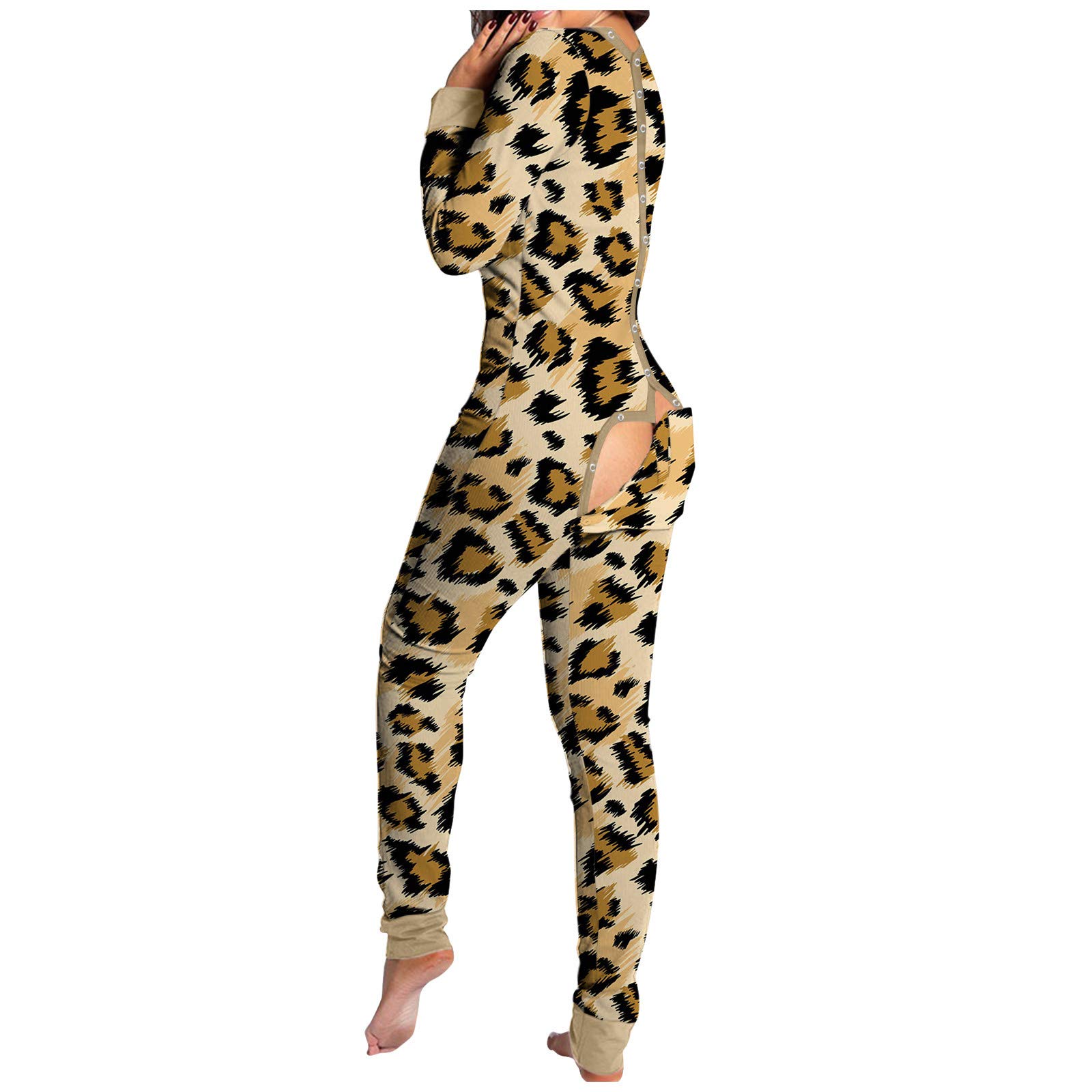 Women's Leopard Print Button-Down Jumpsuit - Stylish Lounge Wear with Functional Buttoned Flap for Casual Outings & Home Relaxation