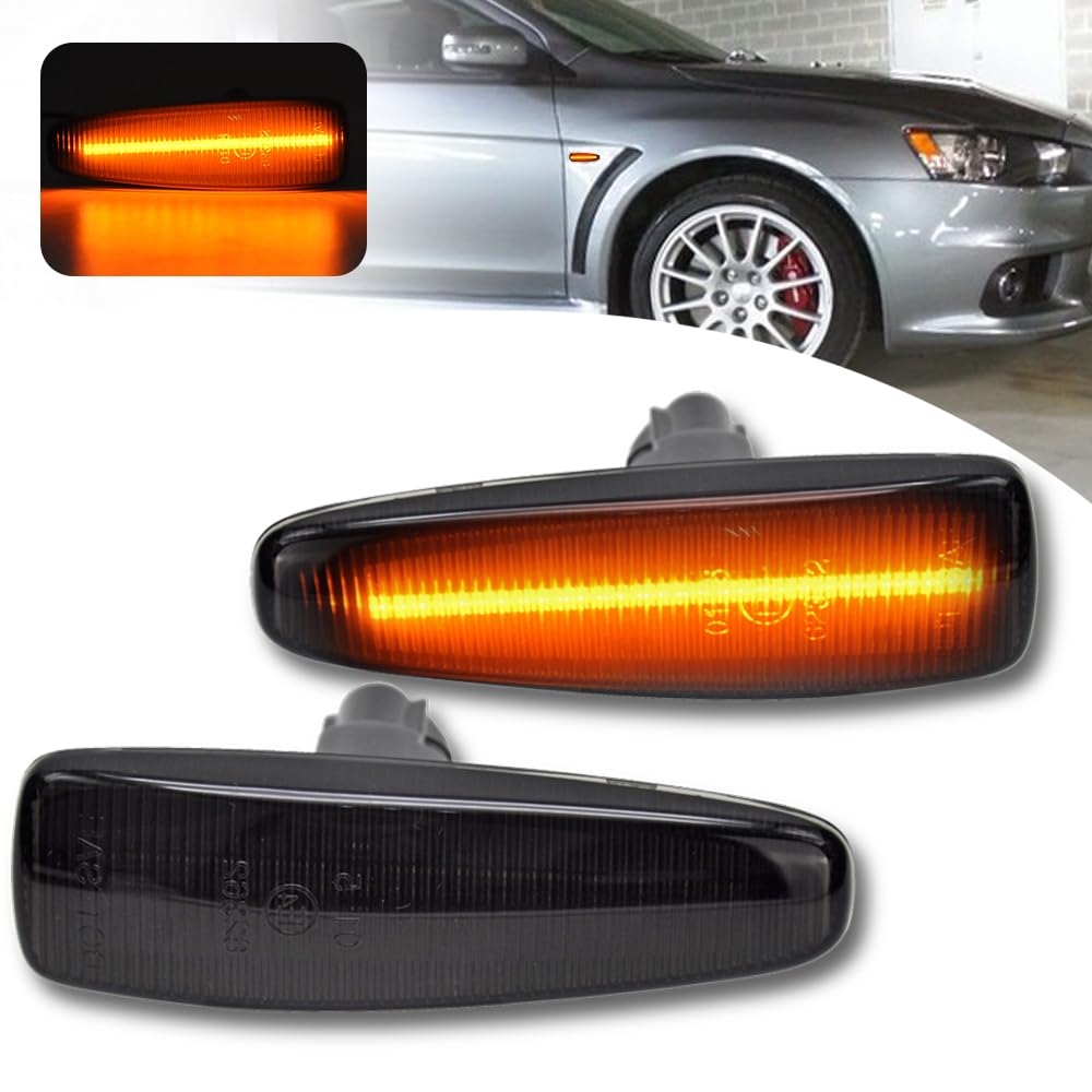 Smoked Amber LED Sequential Front Side Marker Lights - 2pcs Full LED Fender Lamps for Mitsubishi Lancer Evo X, Mirage & Outlander Sport | Enhanced Visibility & Style for Night Driving & Car Customization