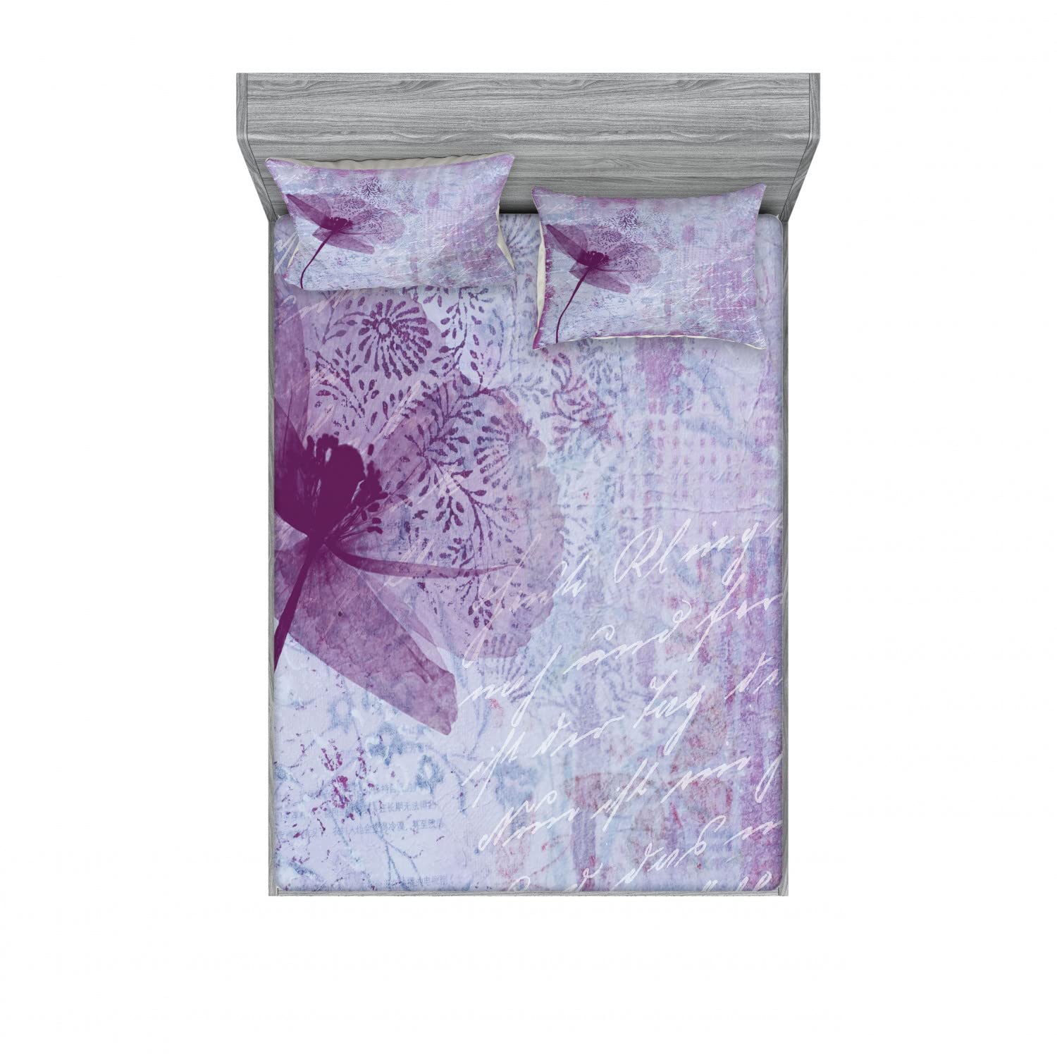 Ambesonne Floral 2-Pack Full Size Fitted Sheet & Pillow Sham Set - 4 Piece Bedding Decor with 2 Fitted Sheets & 4 Pillow Covers - Romantic Flower Pattern in Lilac - Perfect for Master Bedroom, Guest Room & Vacation Home Decor