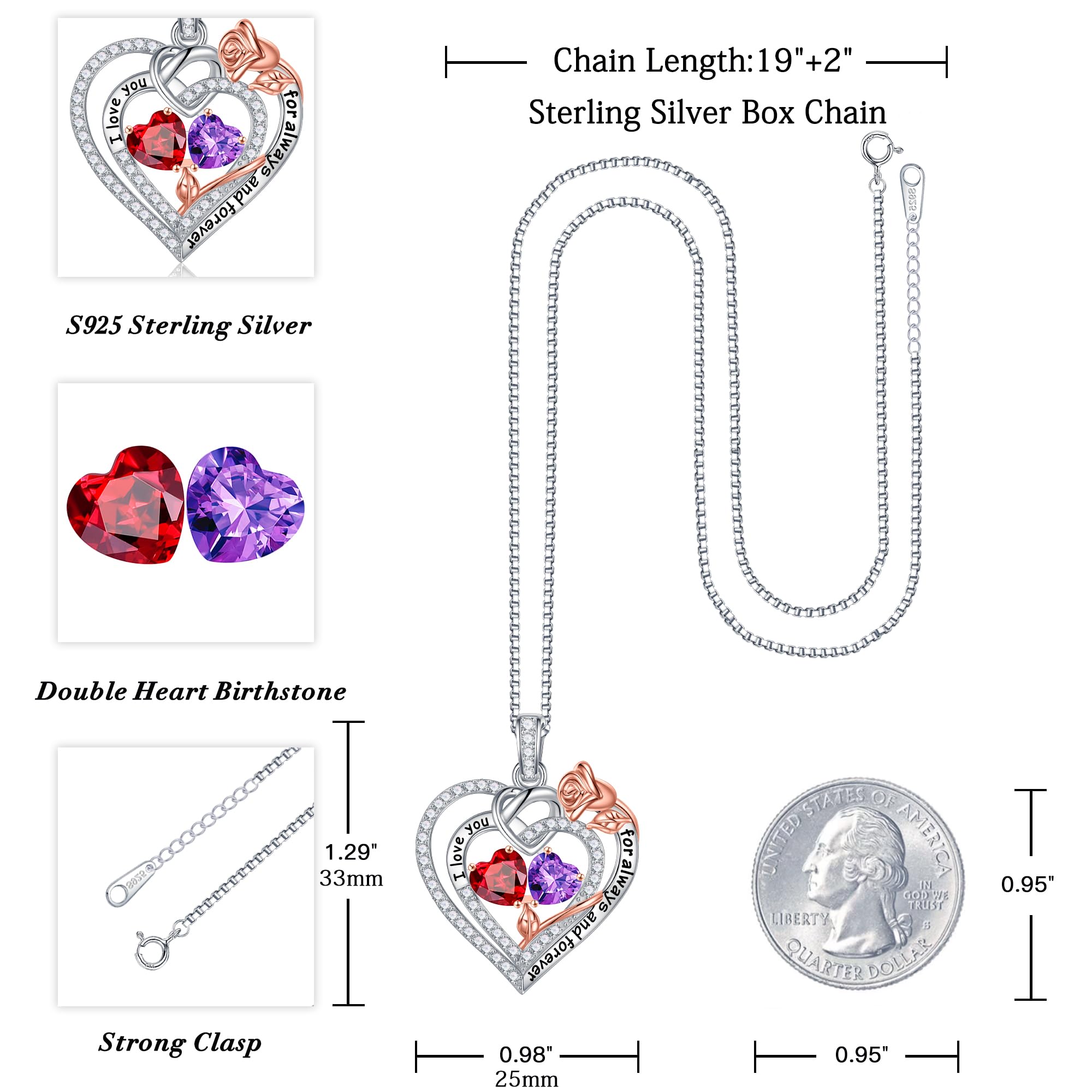 925 Sterling Silver Rose Heart Necklace with Double Birthstones - Romantic Anniversary & Birthday Gift for Wife, Girlfriend, Mom - Perfect for Valentine's Day, Mother's Day & Special Occasions