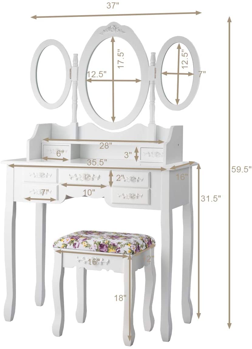 LDAILY Vanity Table Set with Cushioned Stool - White Makeup Dressing Table with Tri-Folding Oval Mirror, 7 Storage Drawers & Detachable Writing Desk for Women & Girls | Perfect for Bedroom, Dressing Room & Home Beauty Station